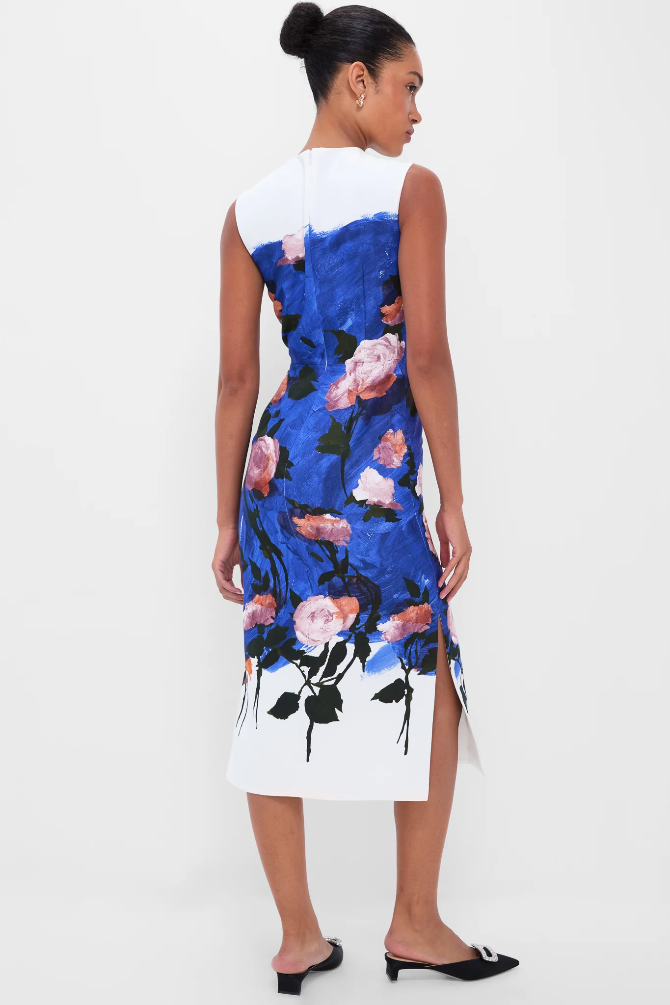 Brushstroke Rose Cobalt Blue Sleeveless Pencil Midi Dress - Image 4