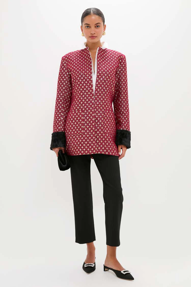 Burgundy and Gold Lea Geom Fur Jacket - Image 2