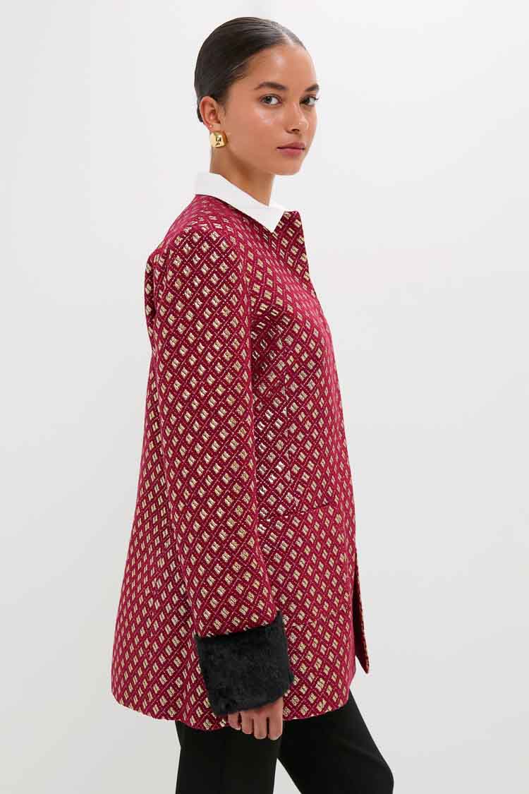 Burgundy and Gold Lea Geom Fur Jacket - Image 3
