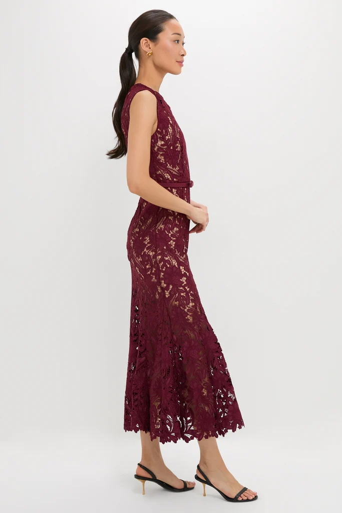 Burgundy Guipure Lace Midi Dress - Image 3