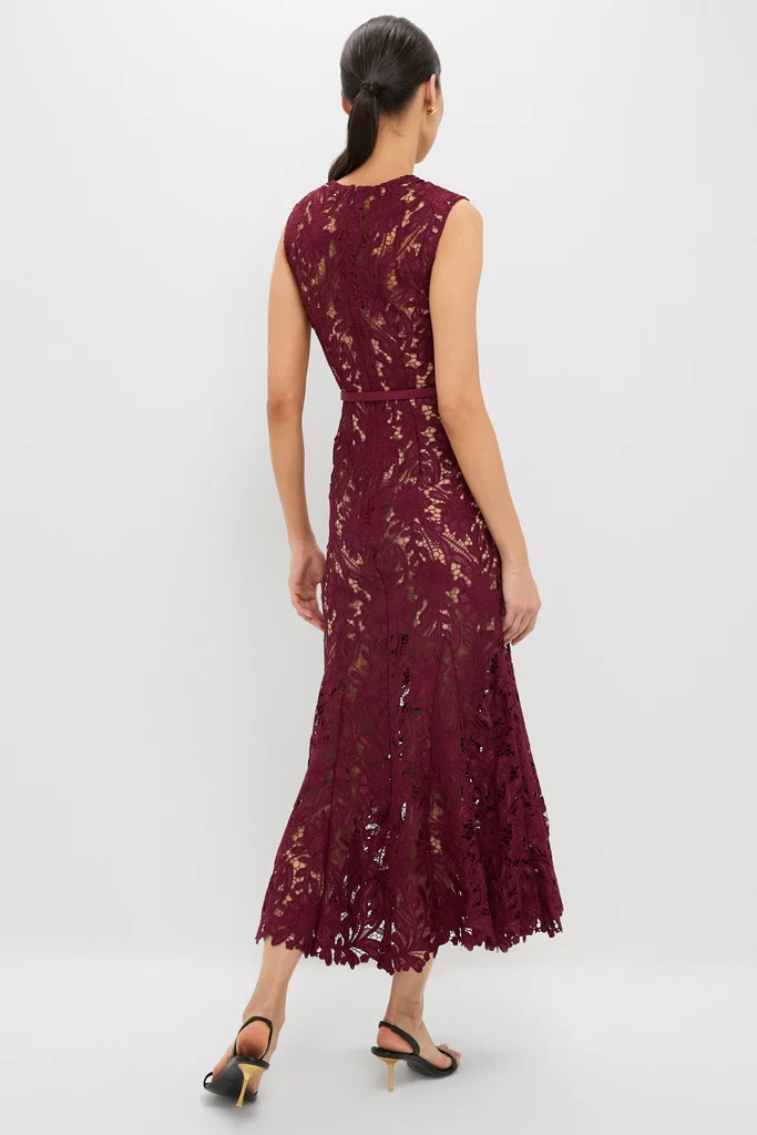 Burgundy Guipure Lace Midi Dress - Image 4