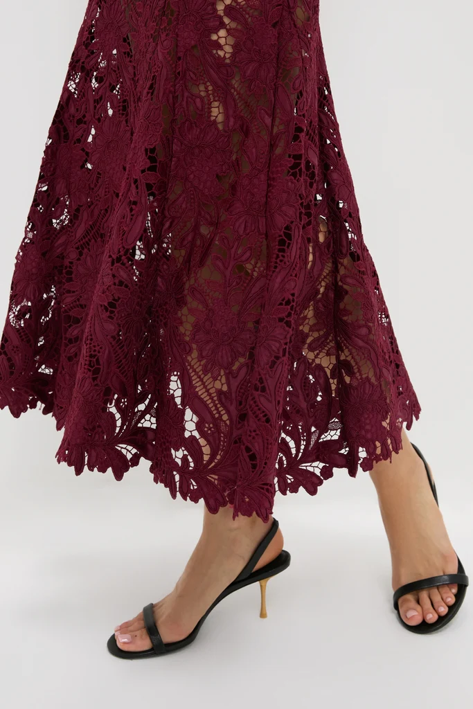 Burgundy Guipure Lace Midi Dress - Image 6
