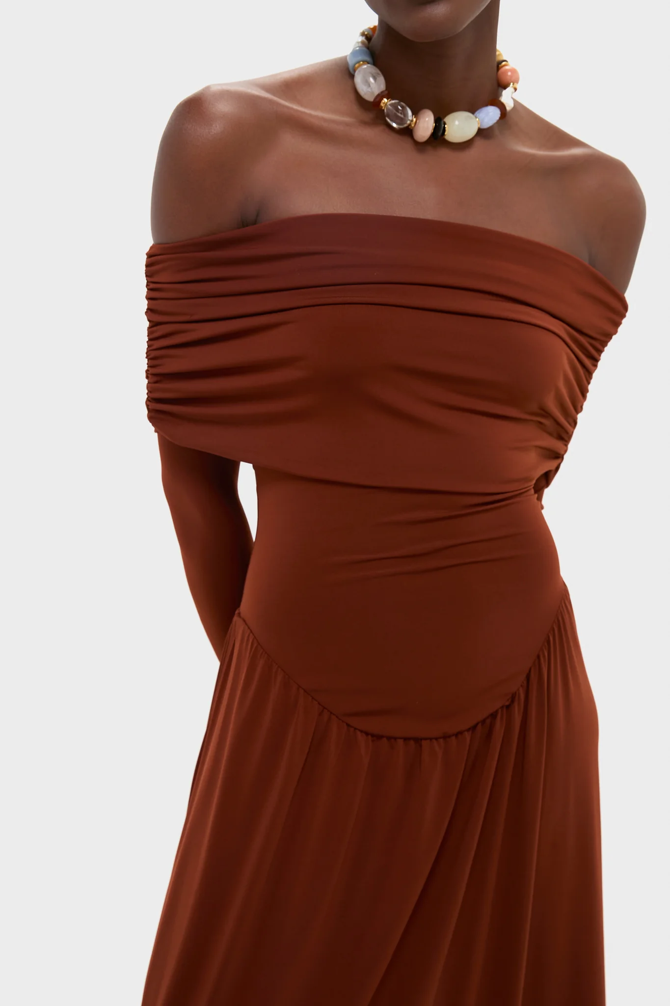 Burgundy Off the Shoulder Ruched Midi Dress - Image 5
