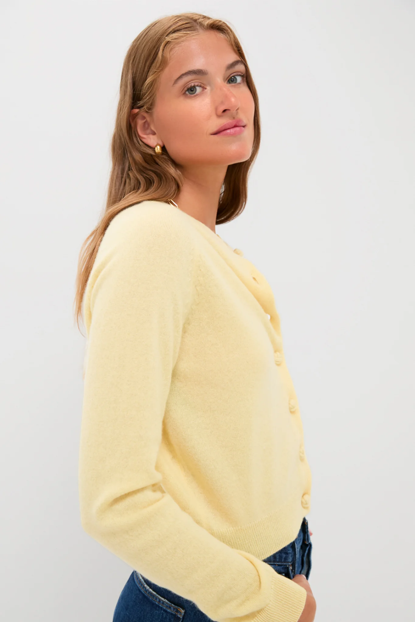 Lightweight Cashmere Butter Yellow Knot Button Cardigan - Image 3