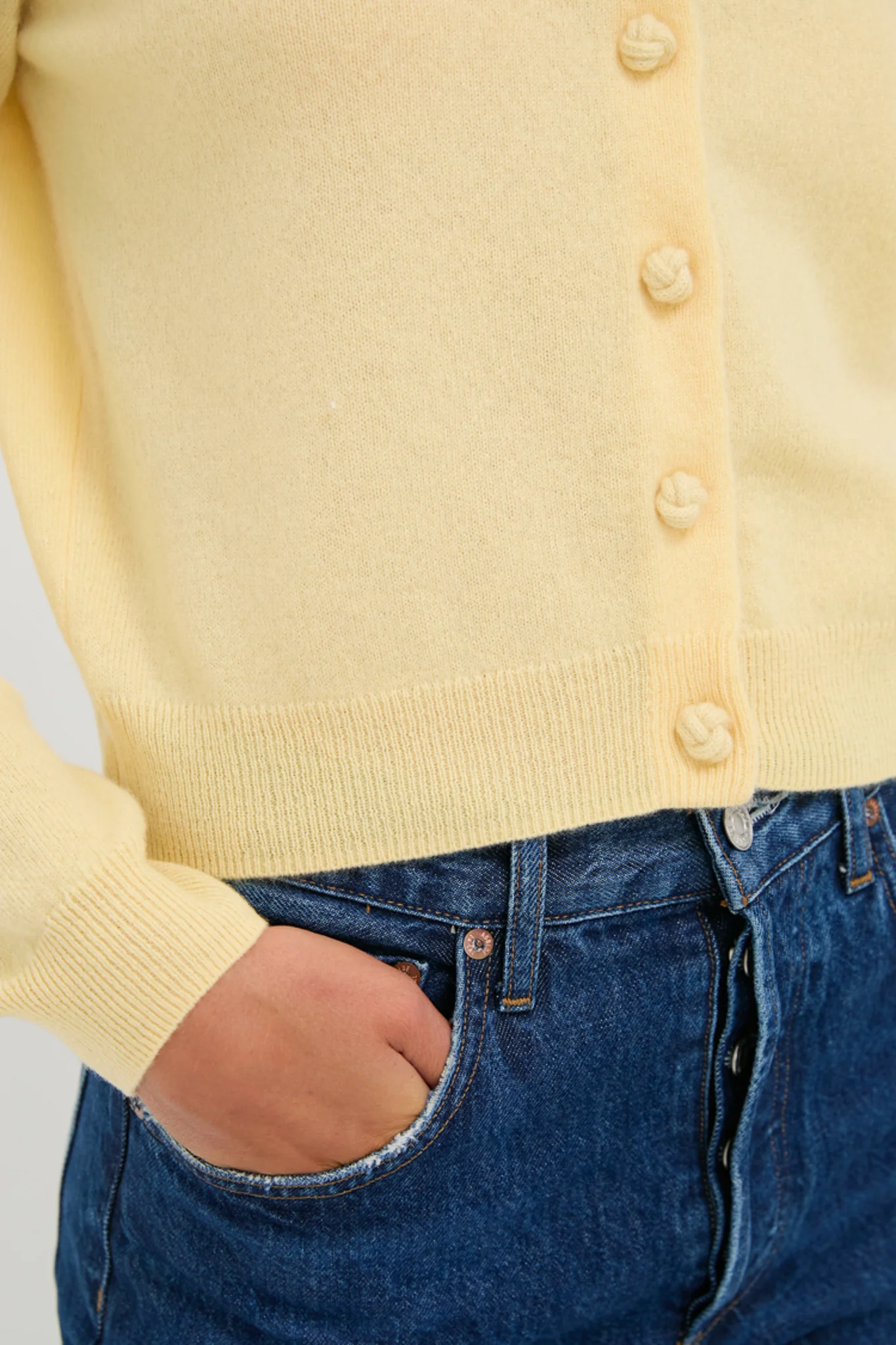 Lightweight Cashmere Butter Yellow Knot Button Cardigan - Image 5