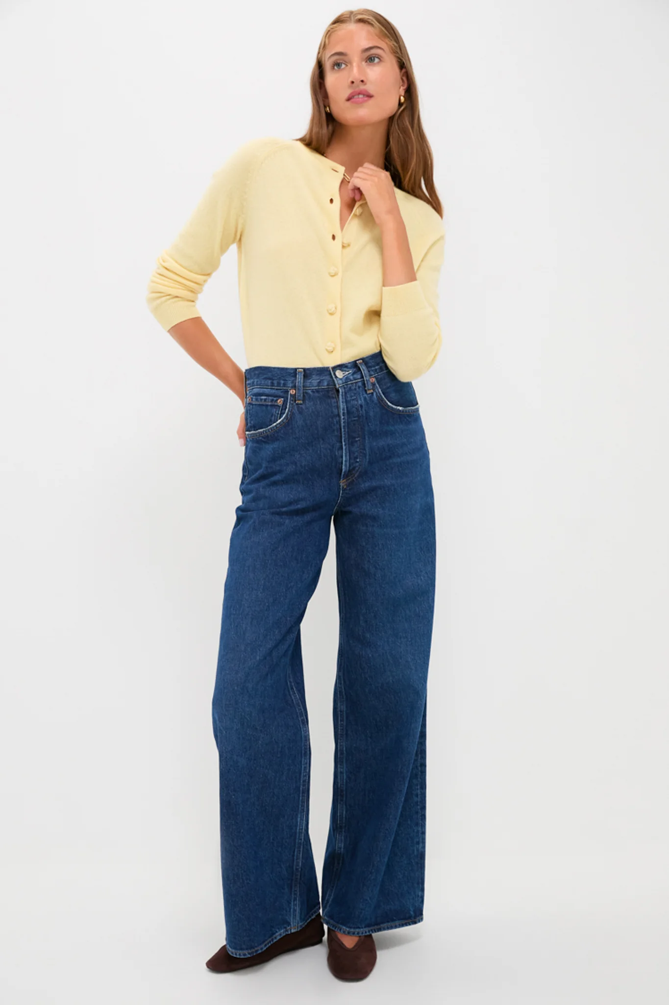 Lightweight Cashmere Butter Yellow Knot Button Cardigan - Image 6
