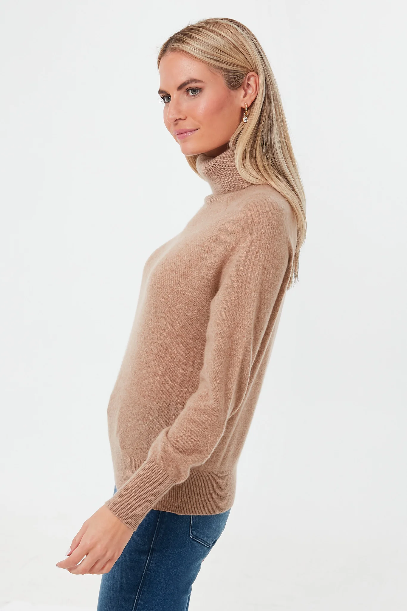 Camel Heather Ribbed Trim Cashmere Turtleneck - Image 3