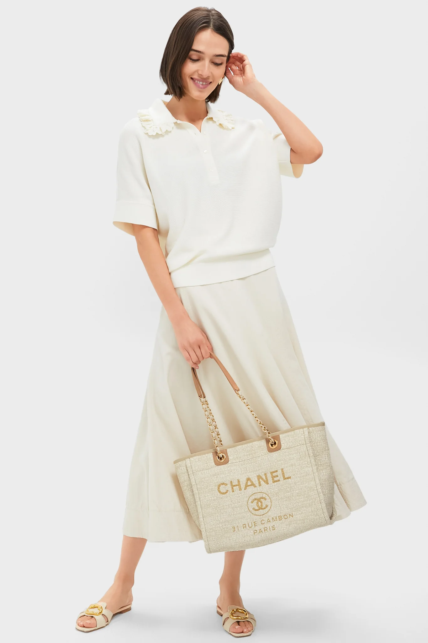 CHANEL Beige Canvas Deauville Tote Bag - Image 3