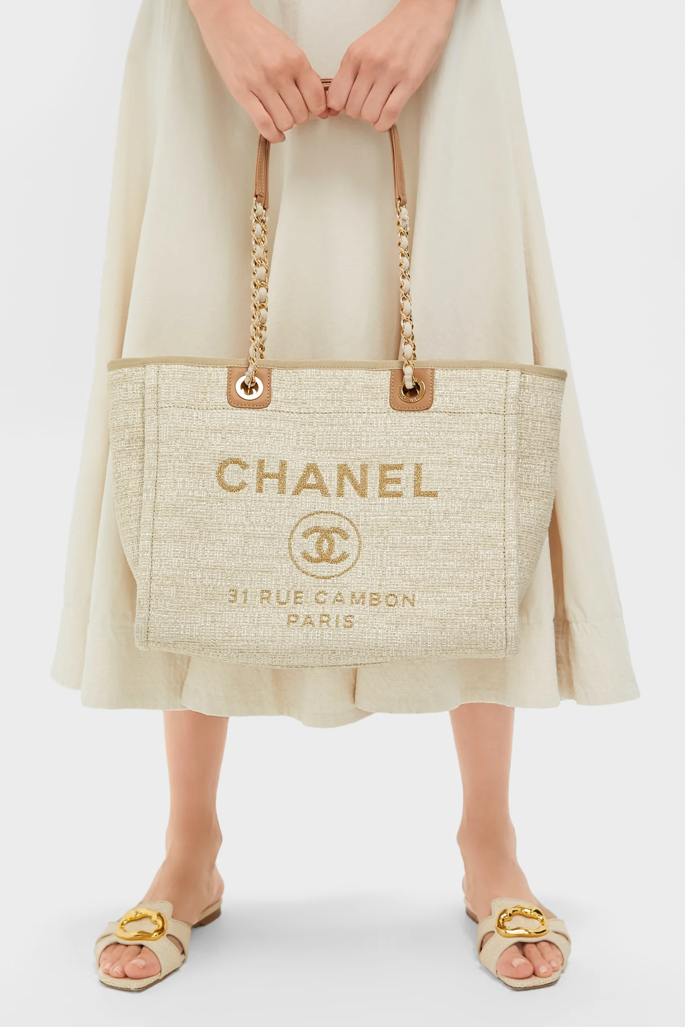 CHANEL Beige Canvas Deauville Tote Bag - Image 4