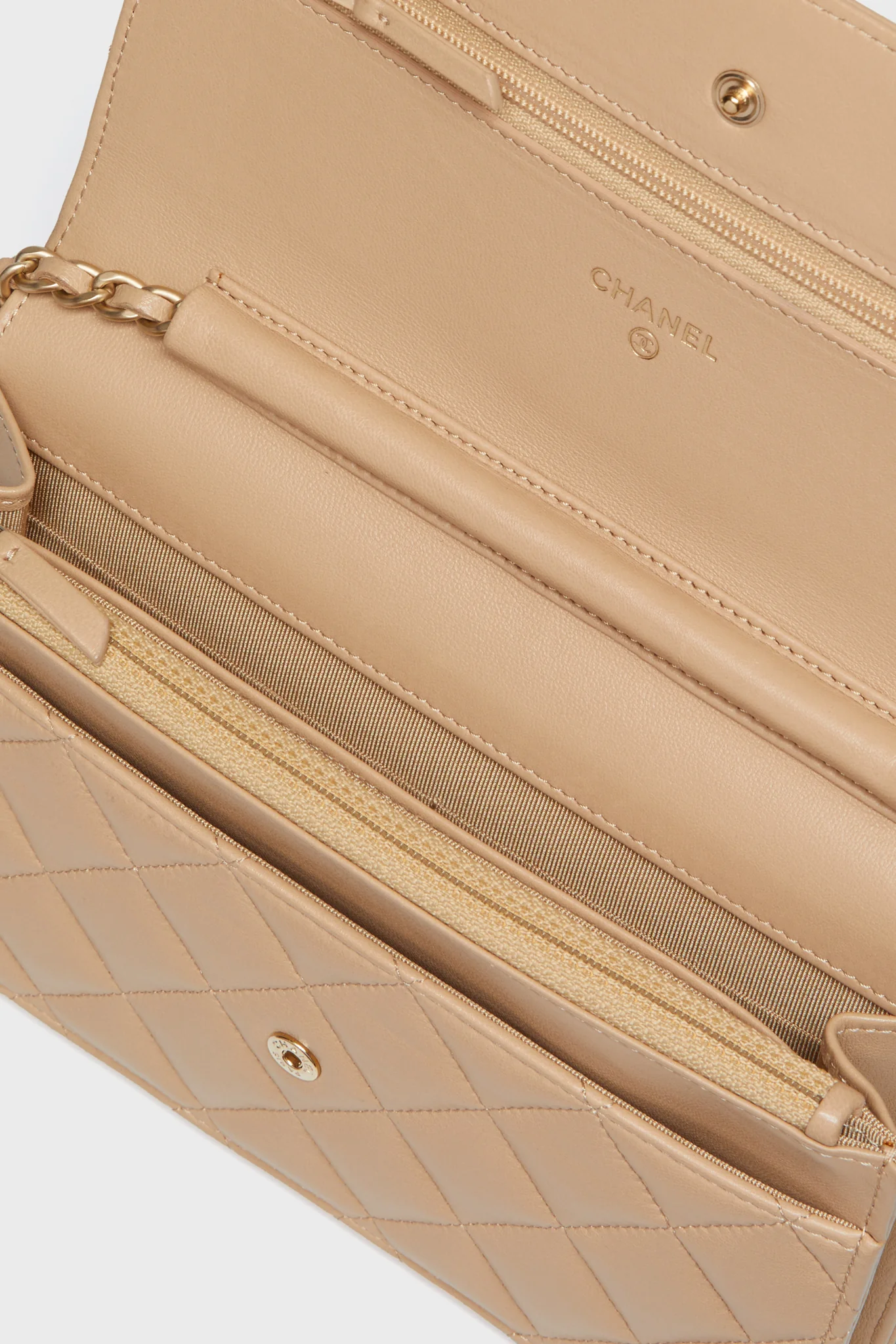 CHANEL Beige Lambskin Quilted Classic Wallet On Chain - Image 6