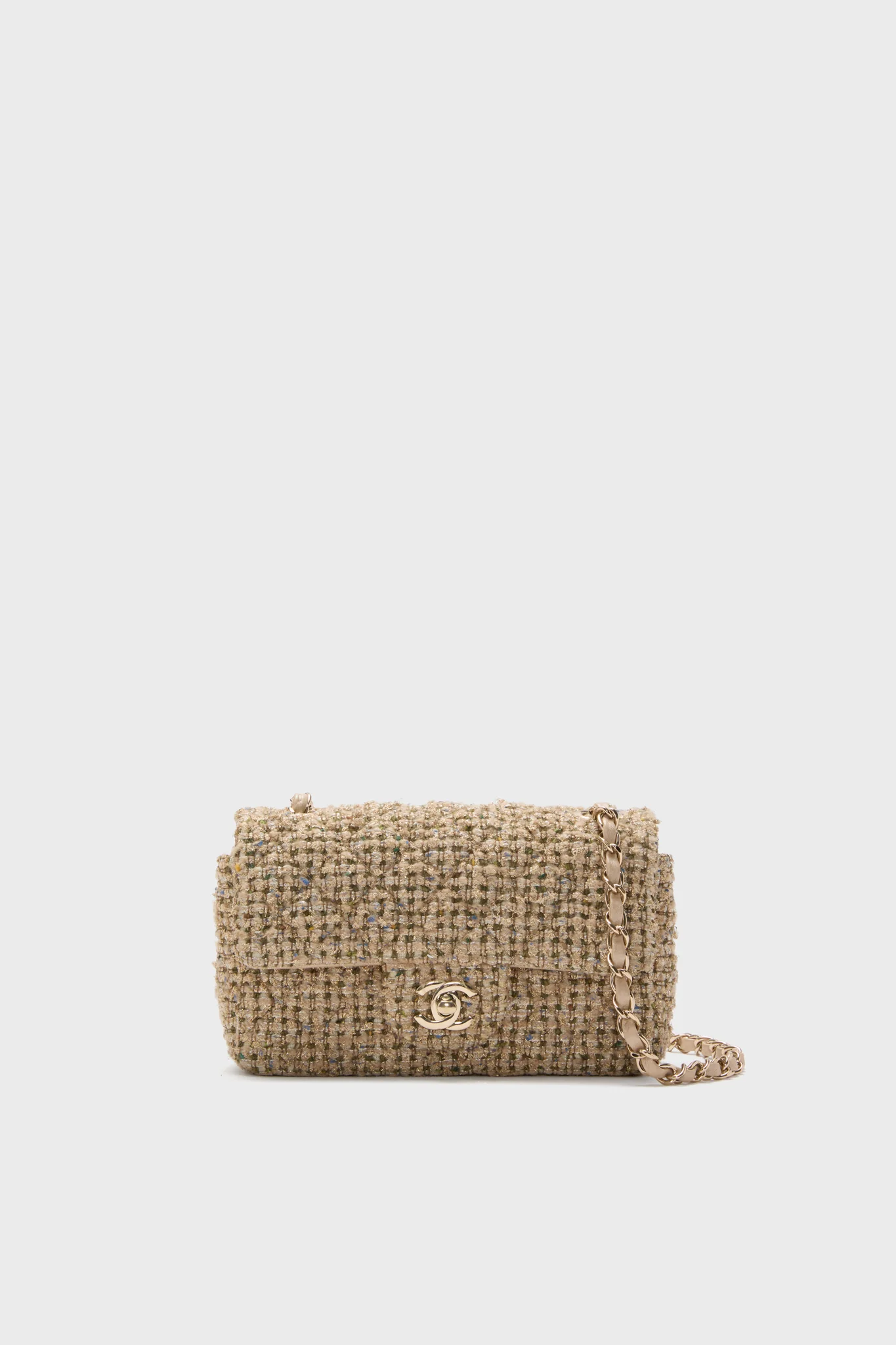CHANEL Beige Tweed Mini Matelasse Chain Crossbody