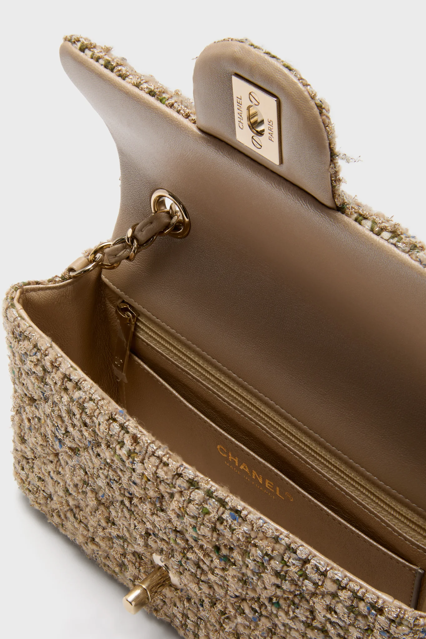 CHANEL Beige Tweed Mini Matelasse Chain Crossbody - Image 6