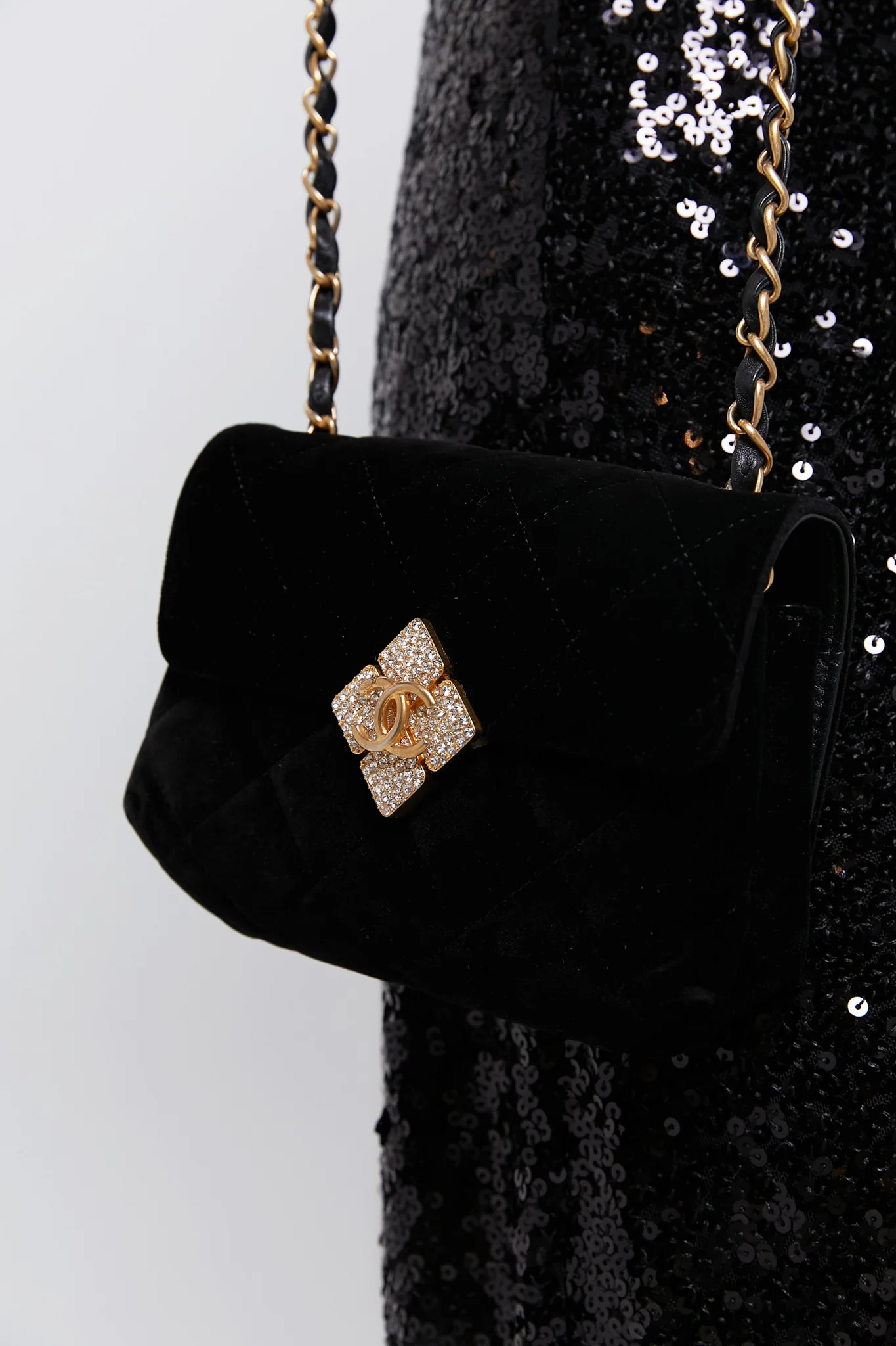 CHANEL Black Quilted Velvet With Crystals Mini Diamond Lock CC Flap Bag - Image 2