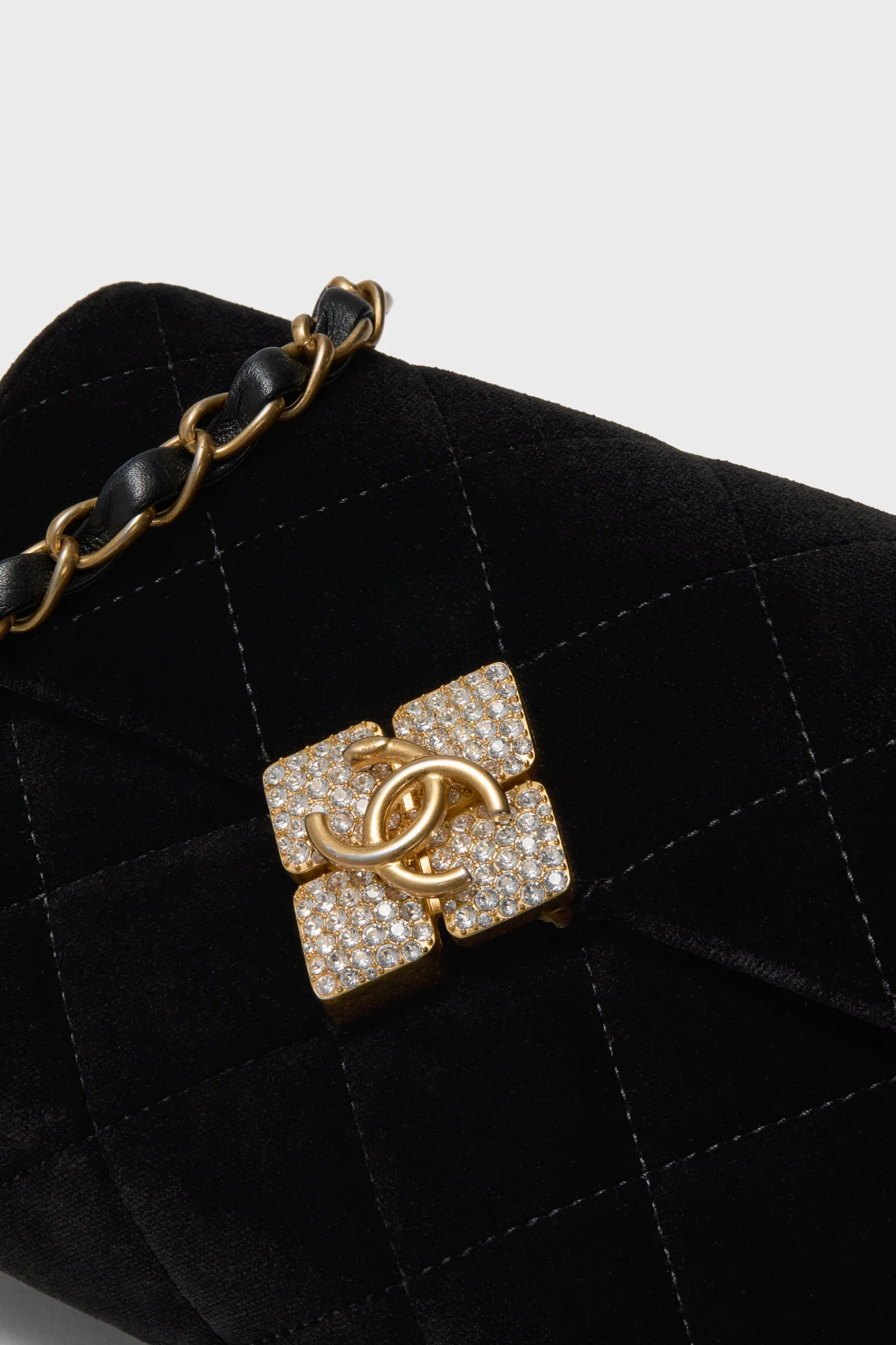 CHANEL Black Quilted Velvet With Crystals Mini Diamond Lock CC Flap Bag - Image 5