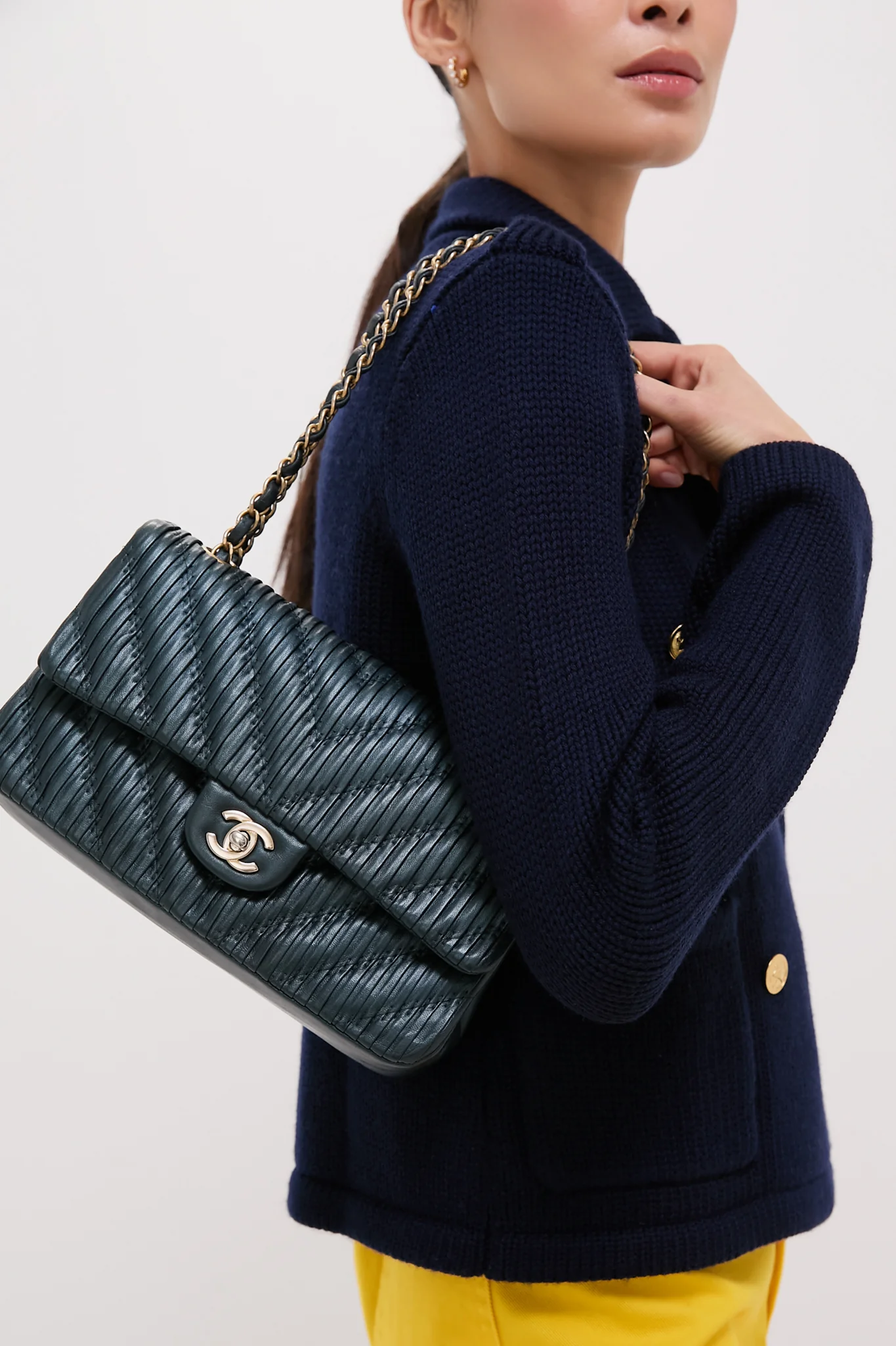 CHANEL Blue Calfskin Coco Pleats Double Flap Bag - Image 2