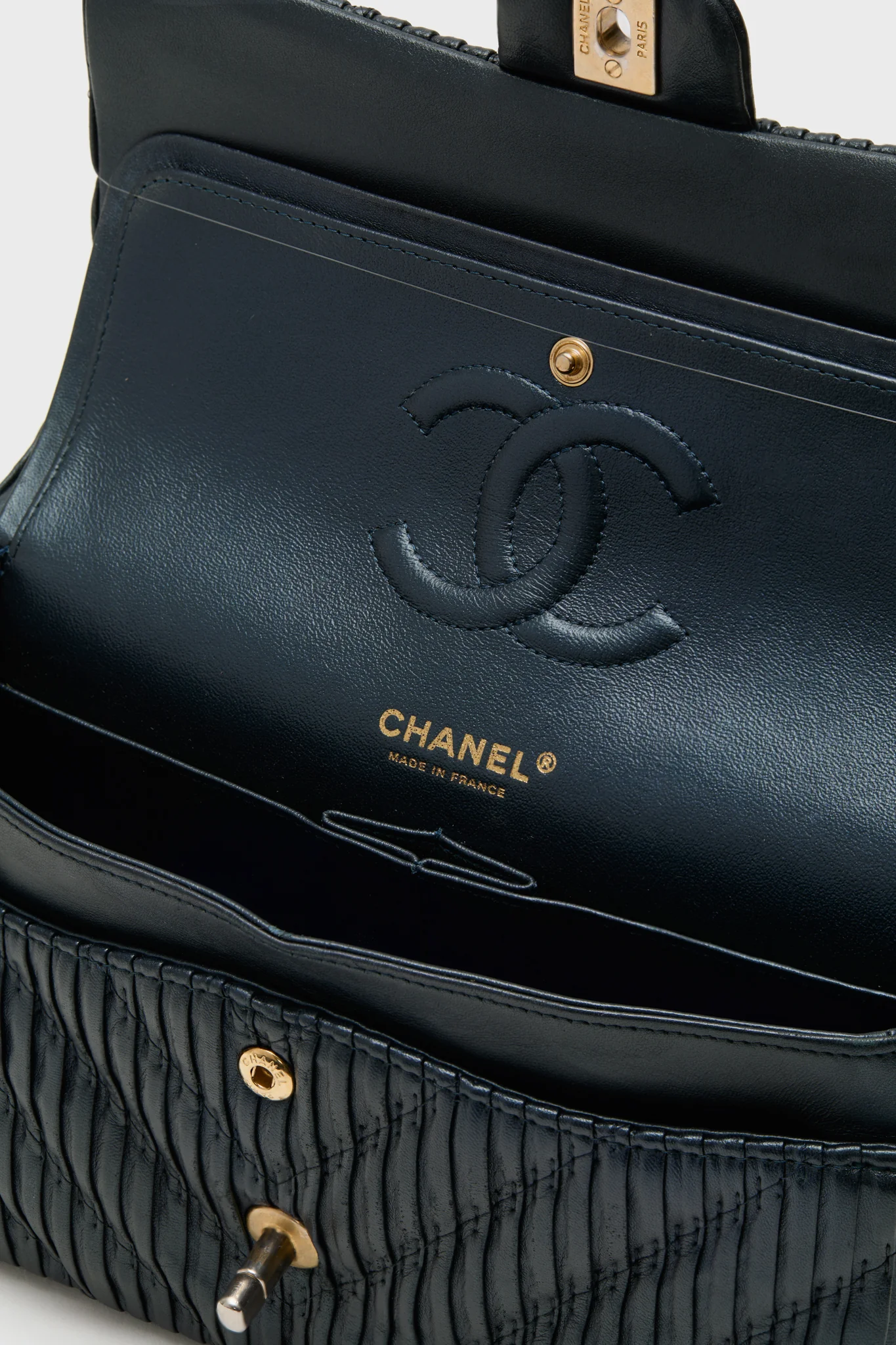 CHANEL Blue Calfskin Coco Pleats Double Flap Bag - Image 5