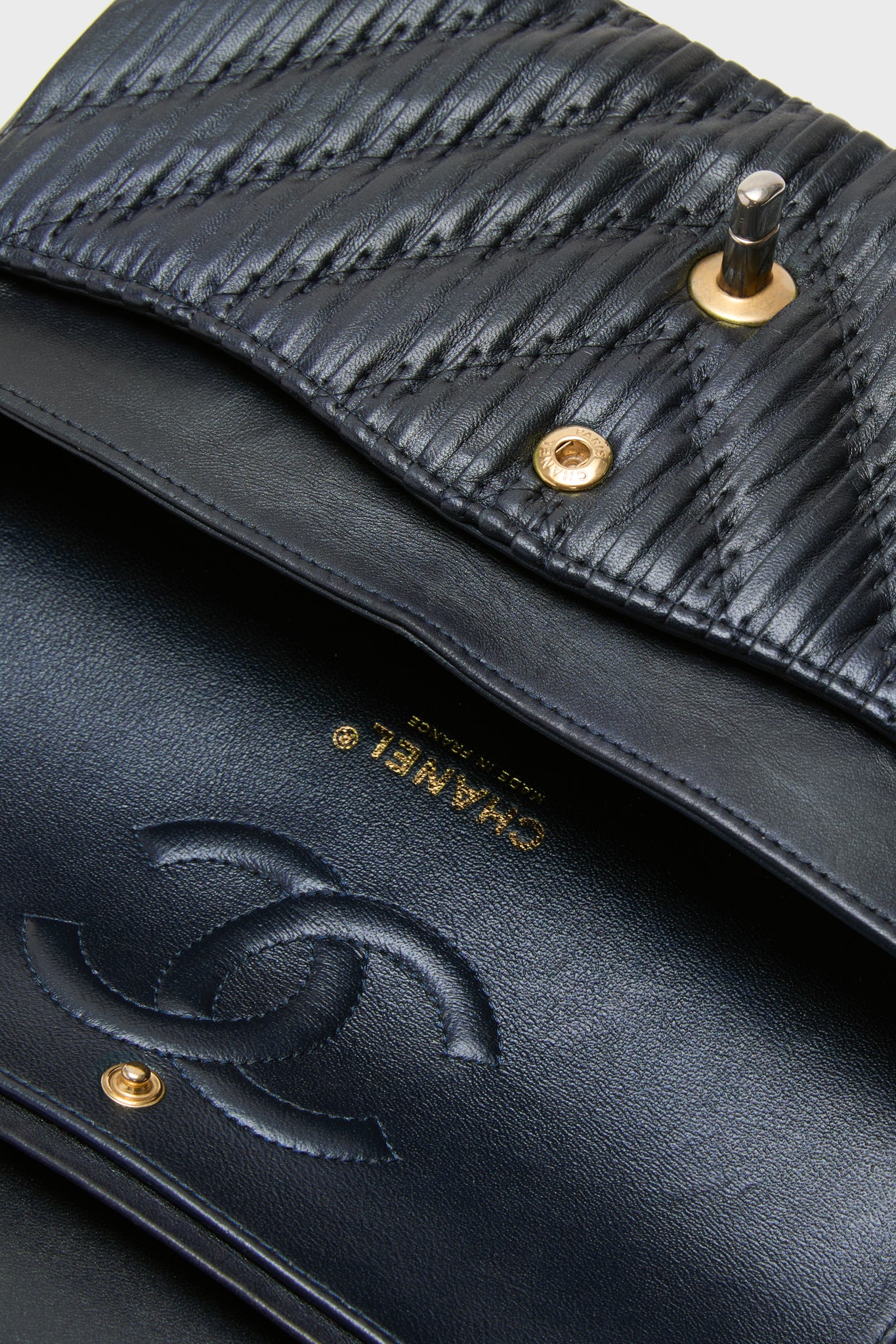CHANEL Blue Calfskin Coco Pleats Double Flap Bag - Image 6