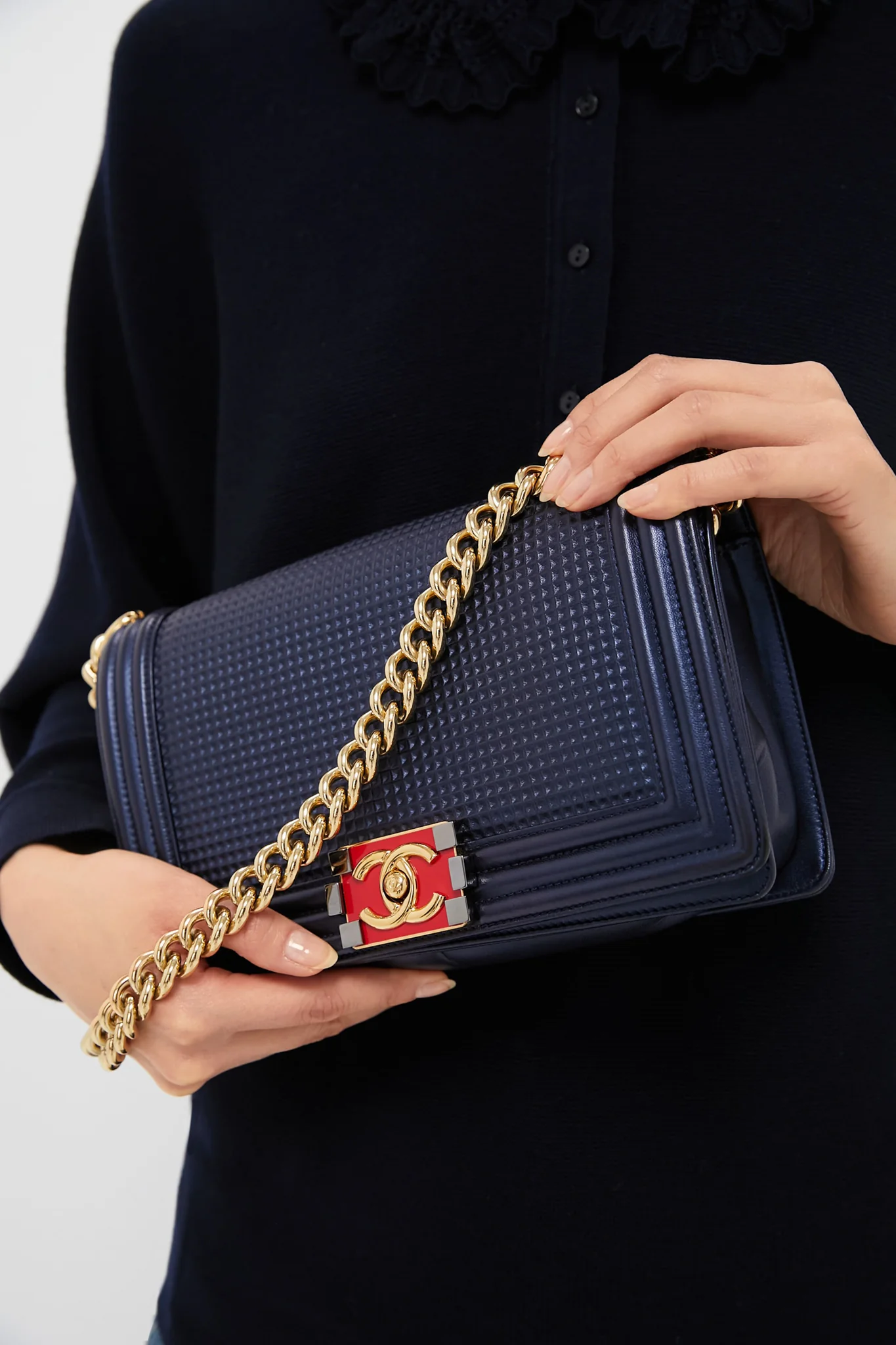 Chanel Boy Embossed Bicolor Shoulder Bag - Image 4