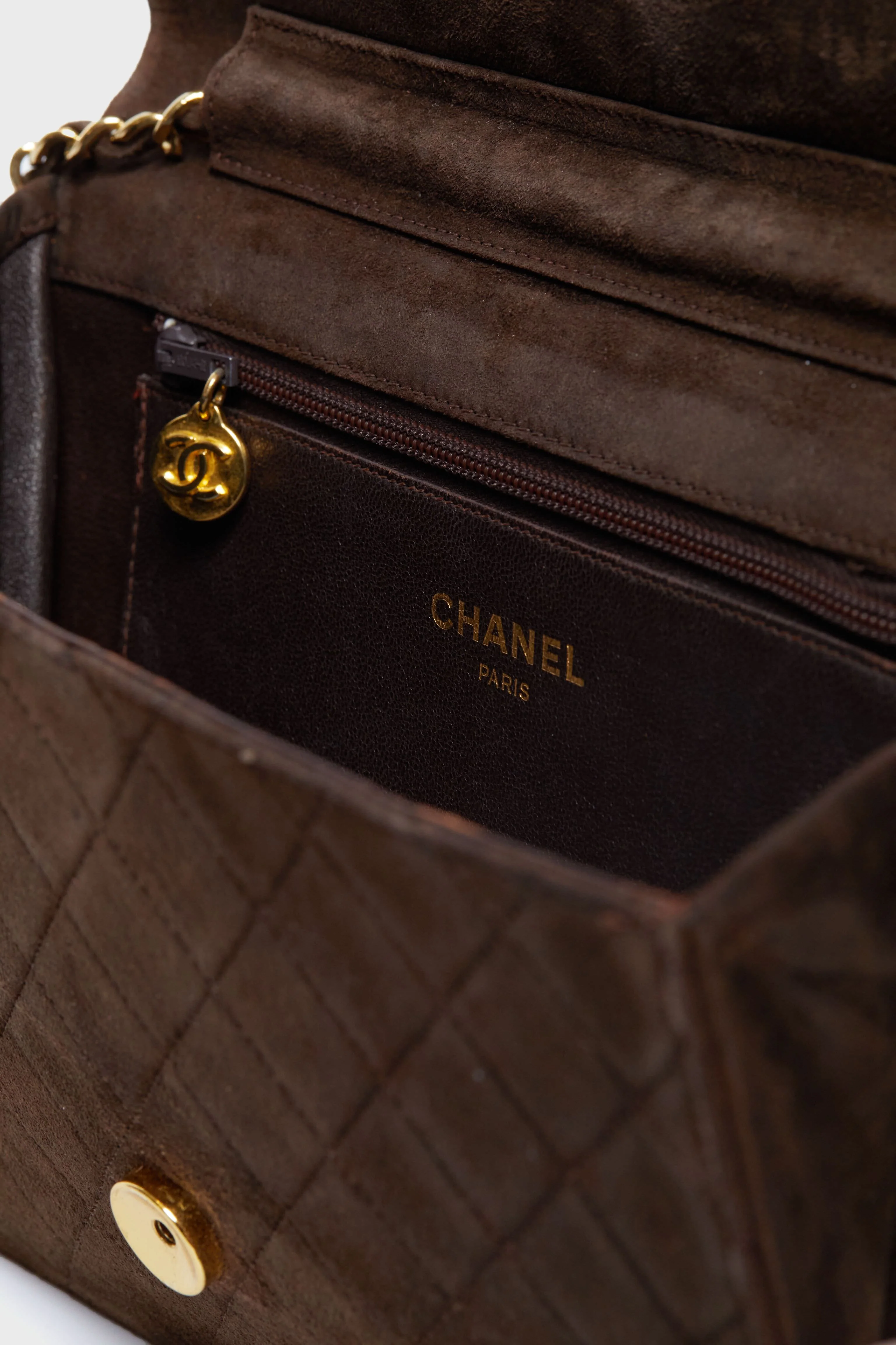 CHANEL Brown Suede Matelasse Single Flap Bag - Image 6