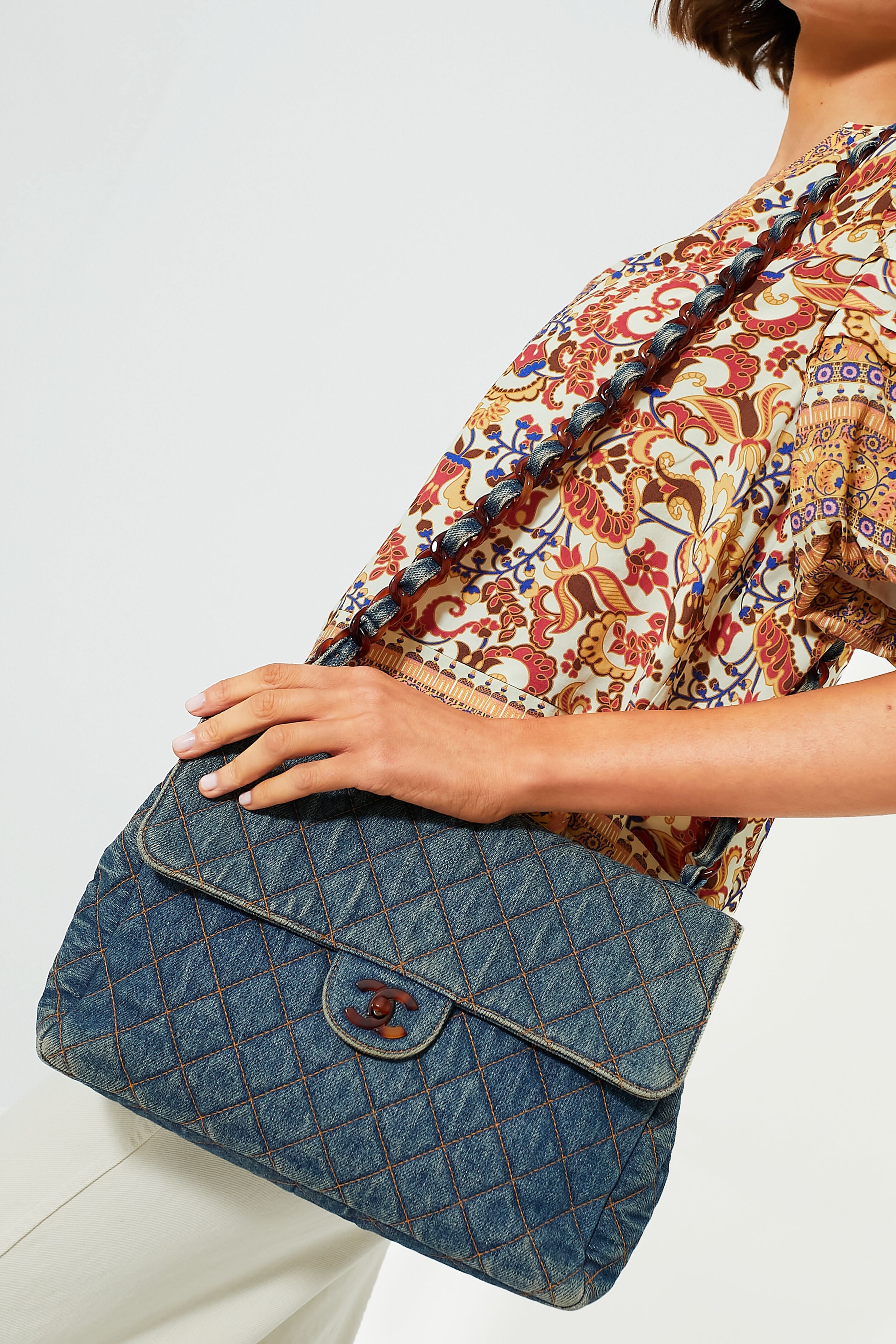 CHANEL Denim and Tortoise Vintage Quilted Jumbo Flap Bag - Image 2