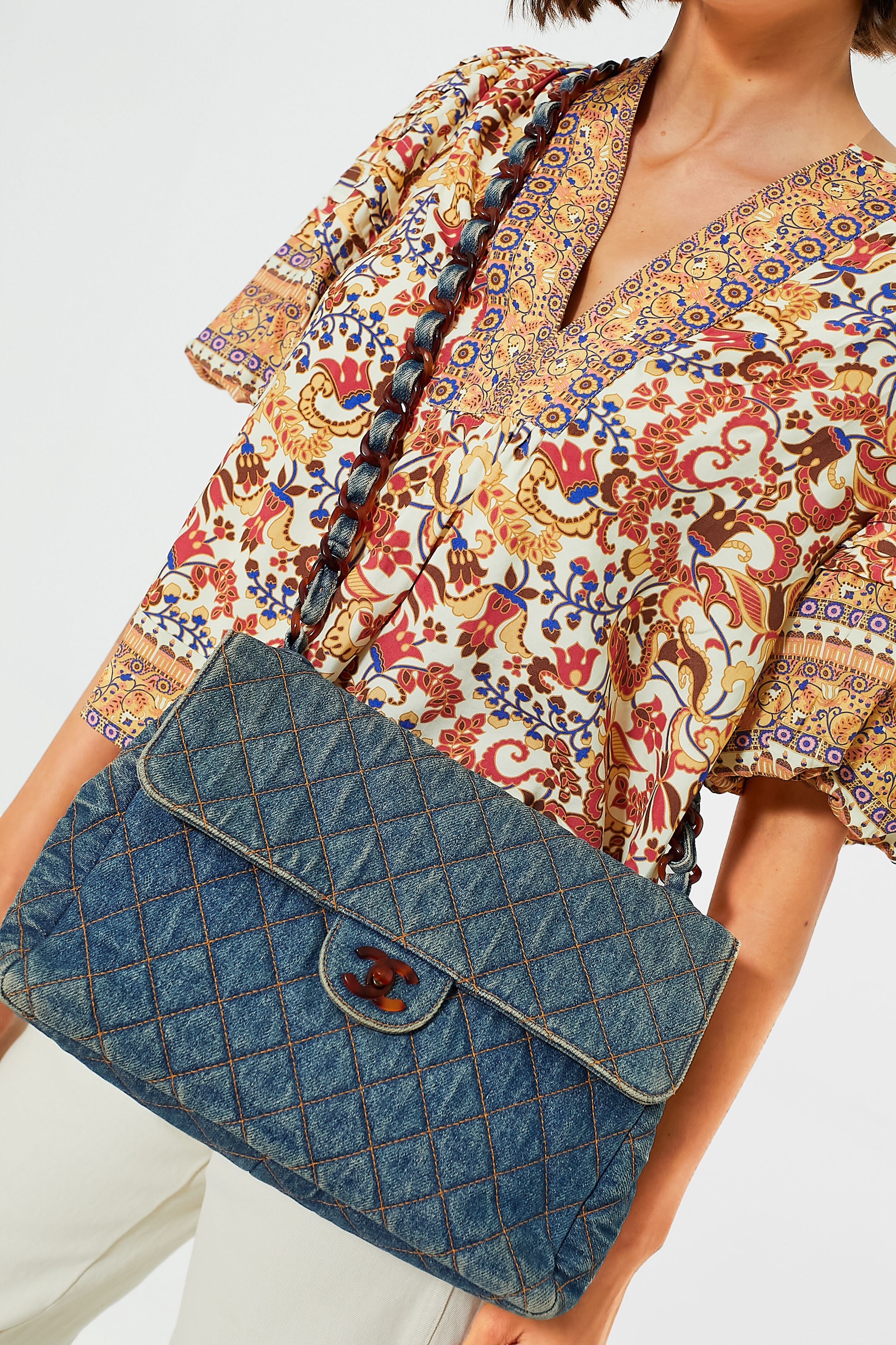 CHANEL Denim and Tortoise Vintage Quilted Jumbo Flap Bag - Image 7