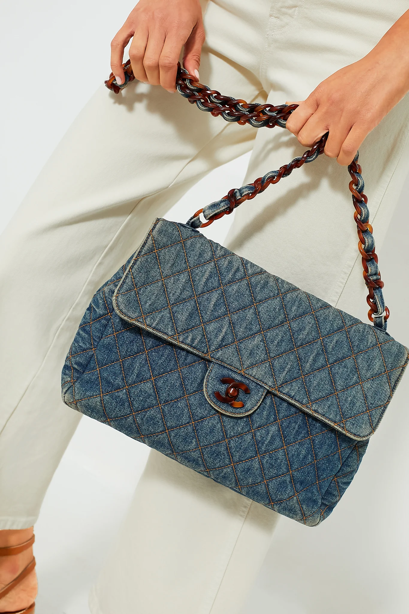 CHANEL Denim and Tortoise Vintage Quilted Jumbo Flap Bag - Image 8