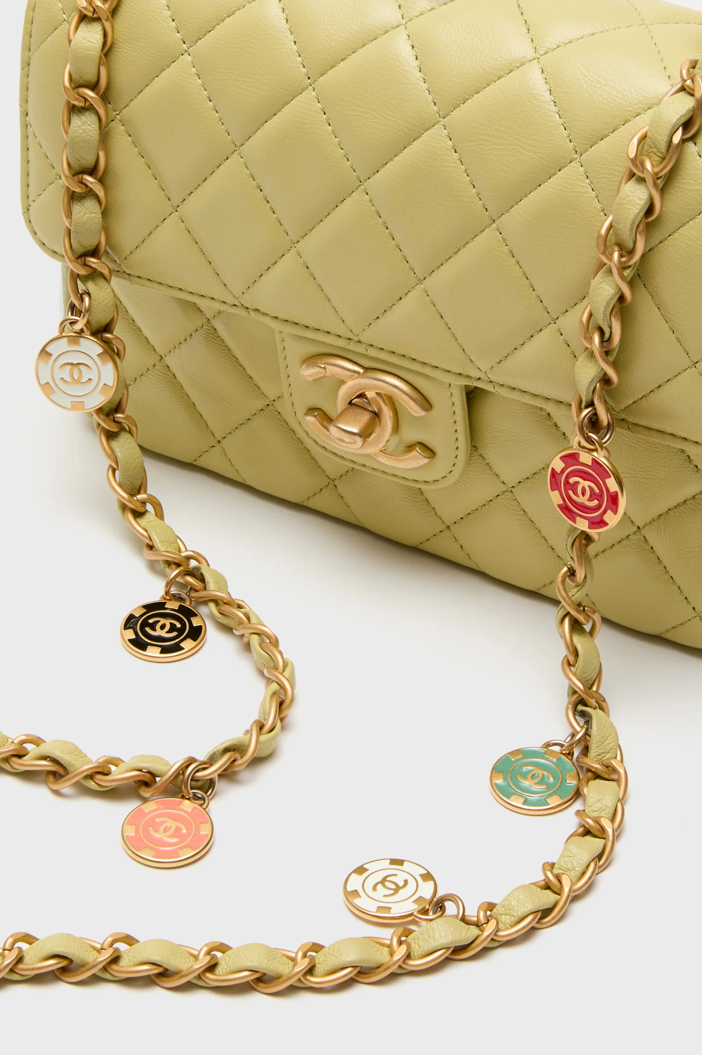 CHANEL Green Classic Lambskin Casino Royale Charms Single Flap Bag - Image 7