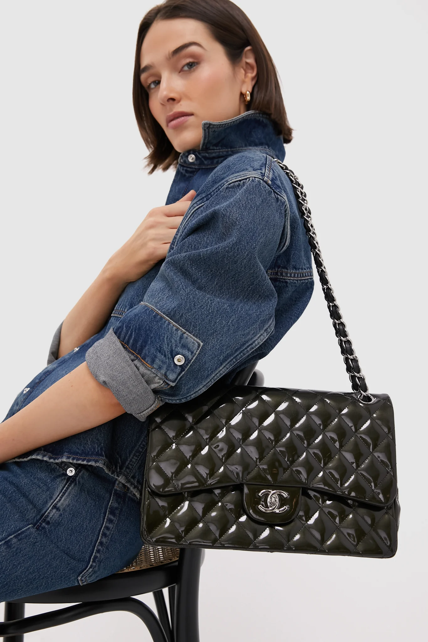 CHANEL Olive Patent Leather Matelasse Coco Mark Shoulder Bag - Image 2