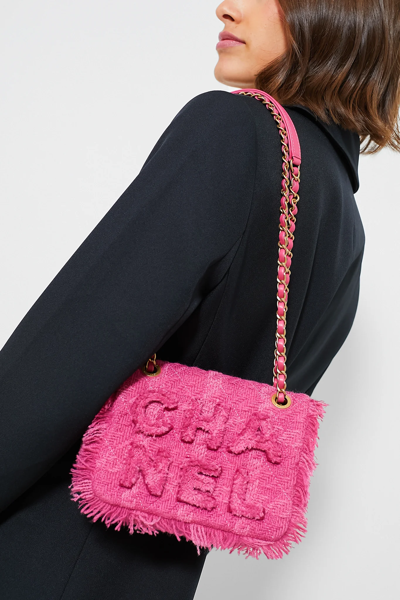 CHANEL Pink Logo Tweed Shoulder Bag - Image 2
