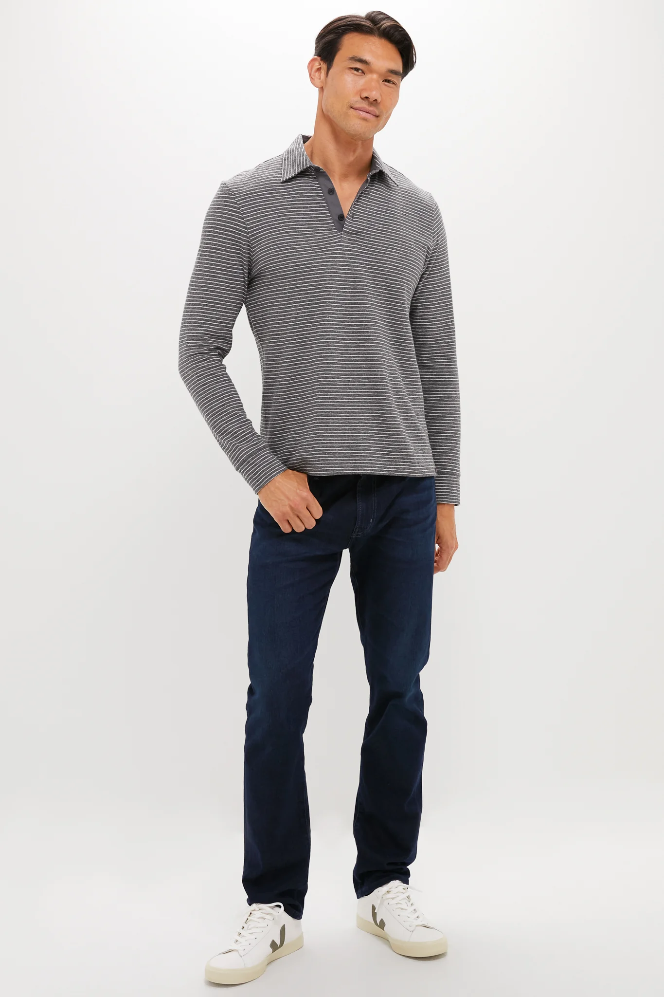 Charcoal Grey Stripe Sunwashed Long Sleeve Polo - Image 2