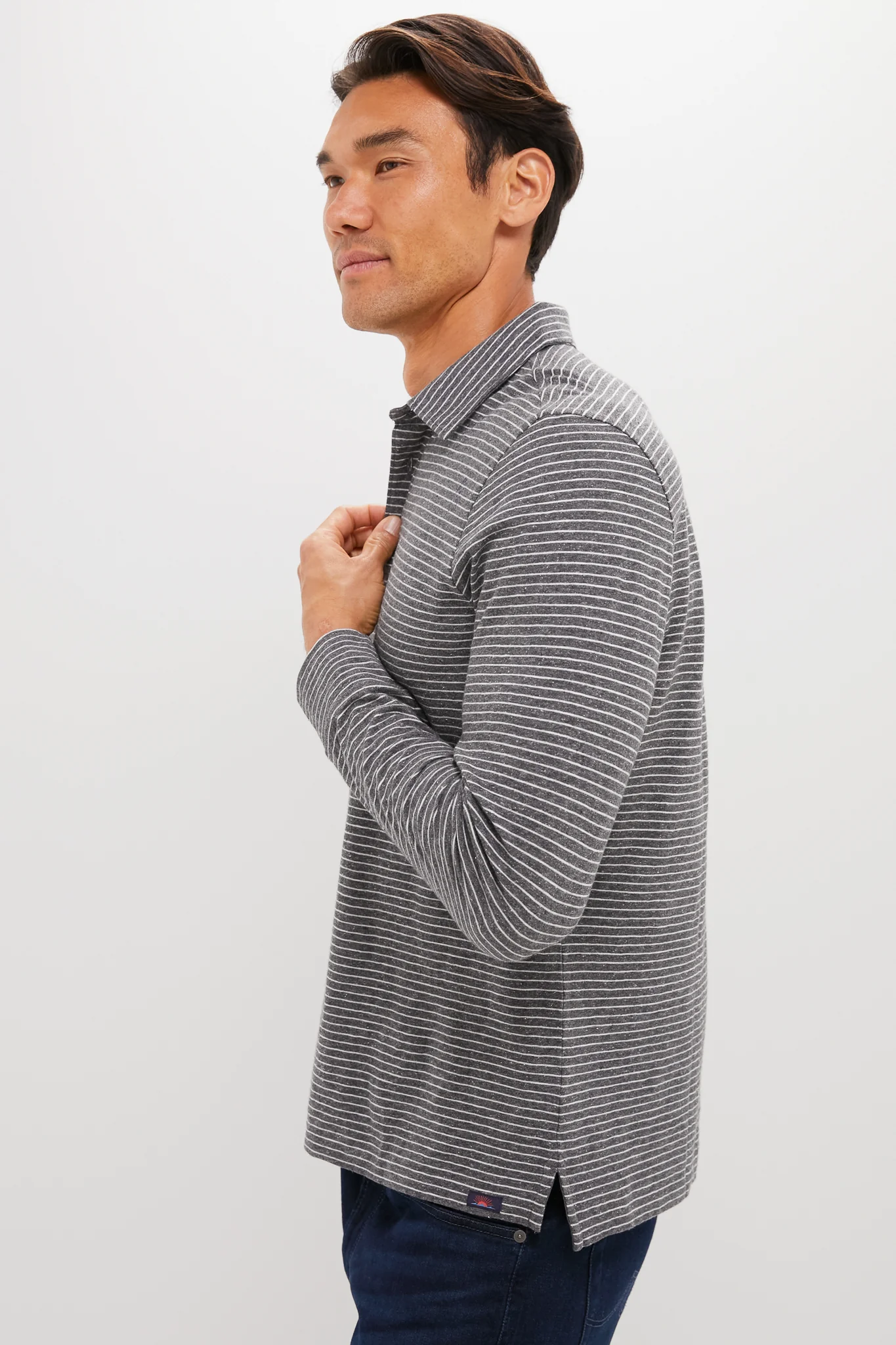 Charcoal Grey Stripe Sunwashed Long Sleeve Polo - Image 3