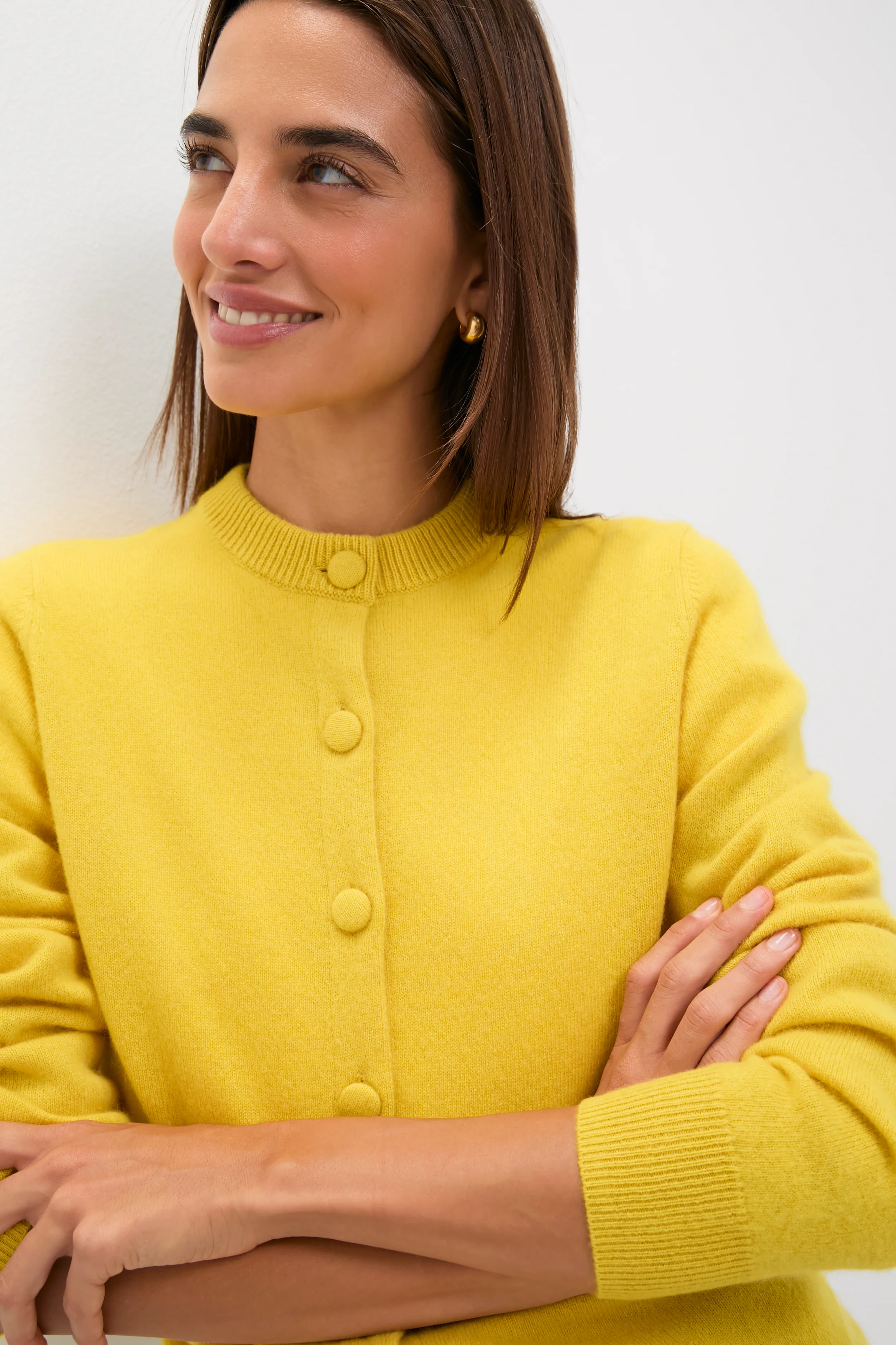 Chartreuse Cashmere Covered Button Quinn Cardigan - Image 5