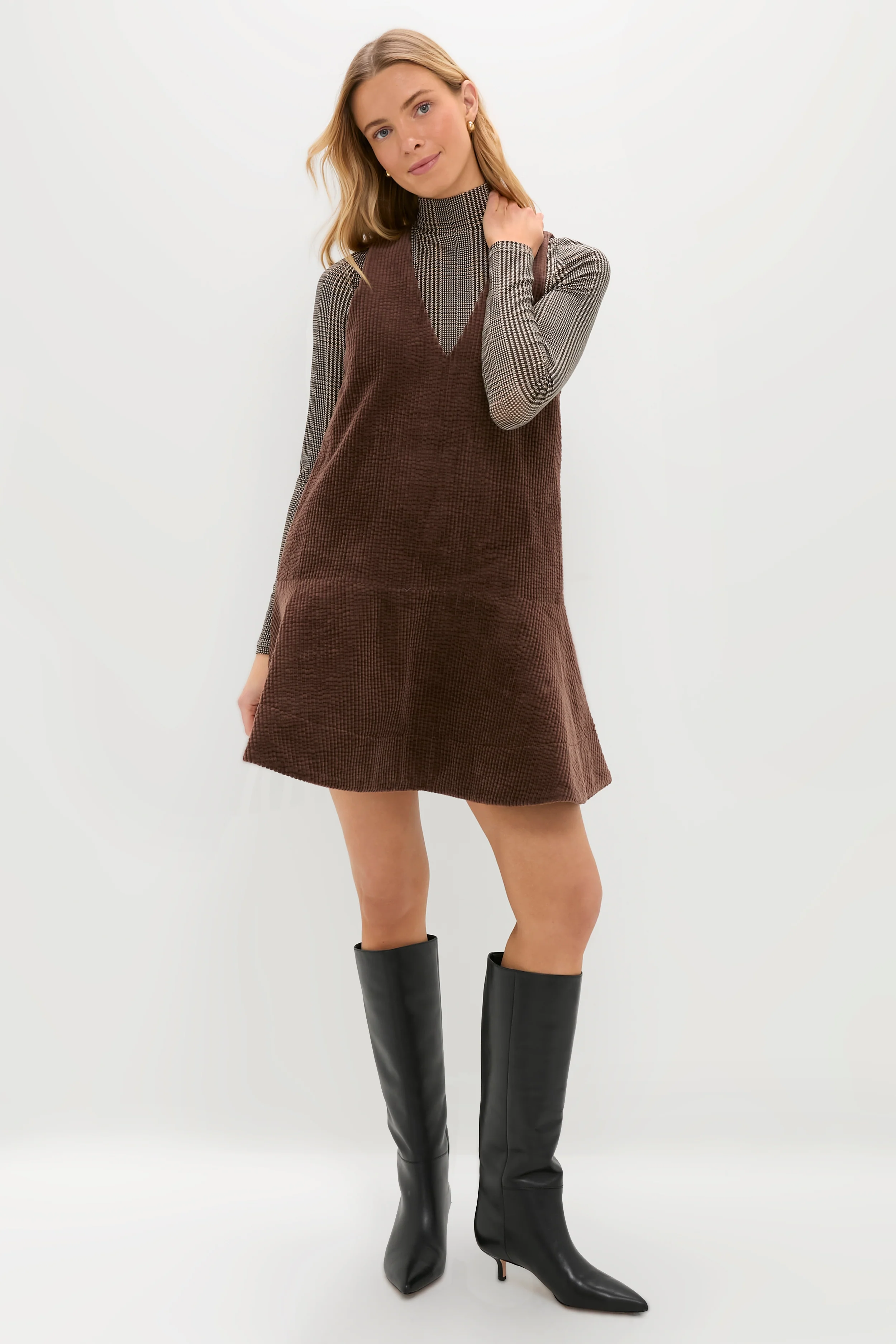 Chicory Coffee Seersucker Corduroy V-Neck Mini Dress - Image 6