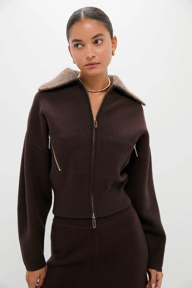 Chocolate Dakota Boiled Wool Bomber Coat - Image 2