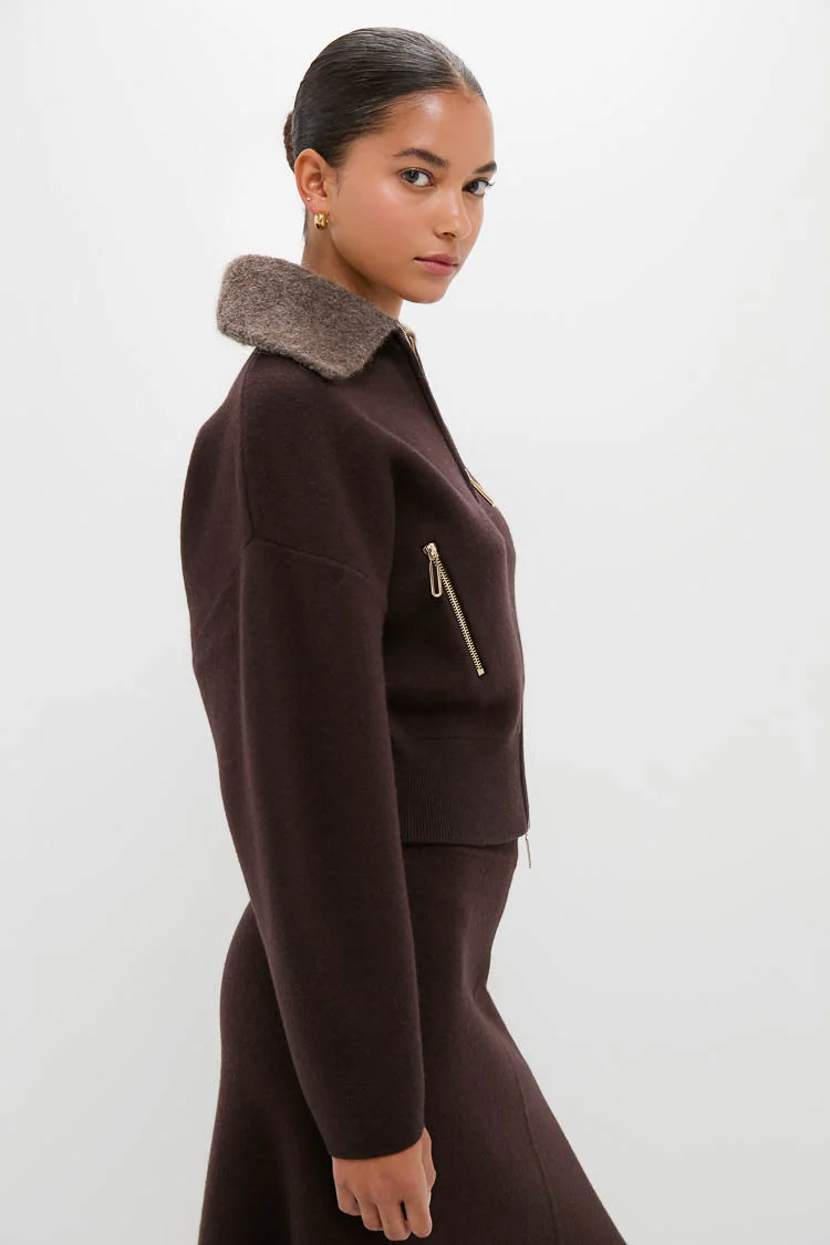 Chocolate Dakota Boiled Wool Bomber Coat - Image 3