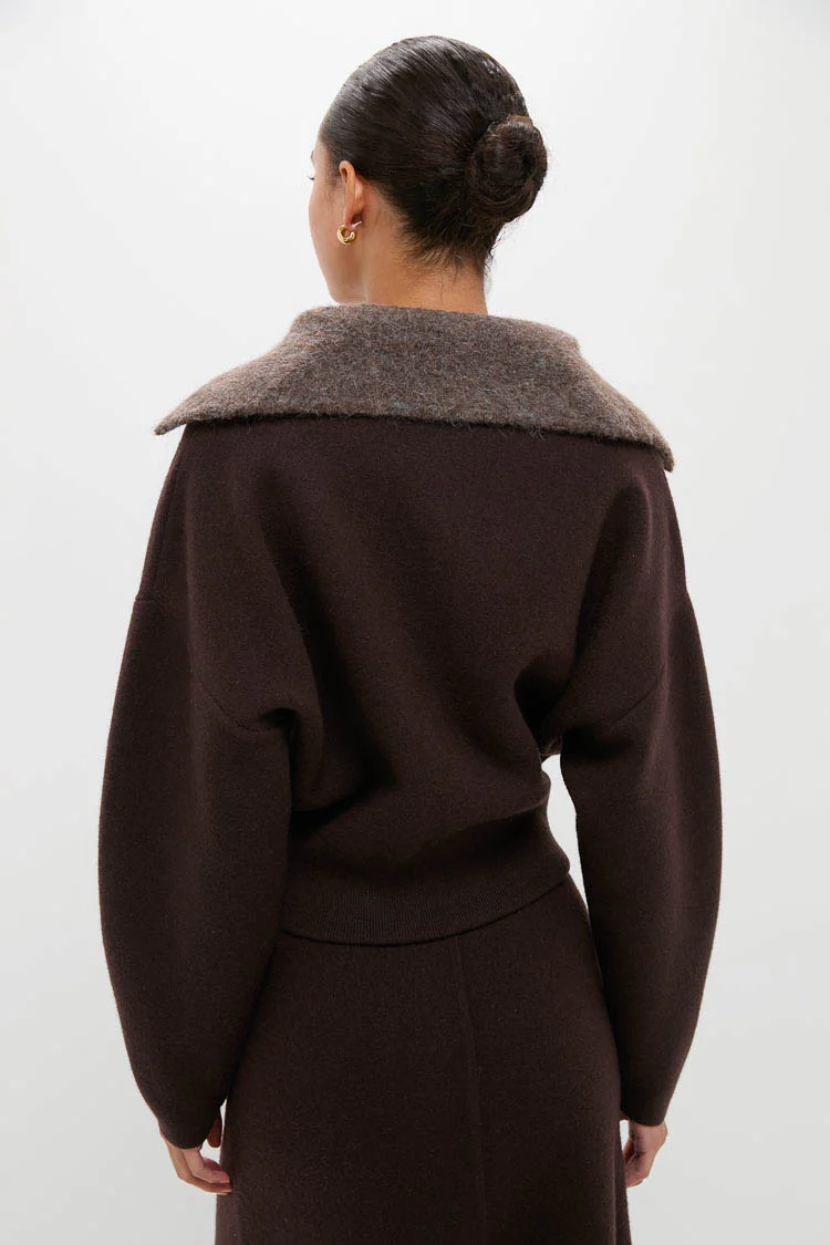 Chocolate Dakota Boiled Wool Bomber Coat - Image 4