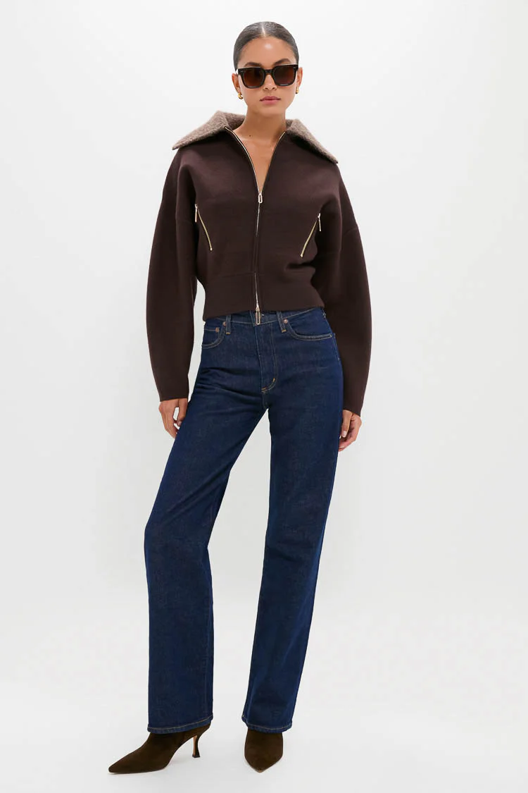 Chocolate Dakota Boiled Wool Bomber Coat - Image 7
