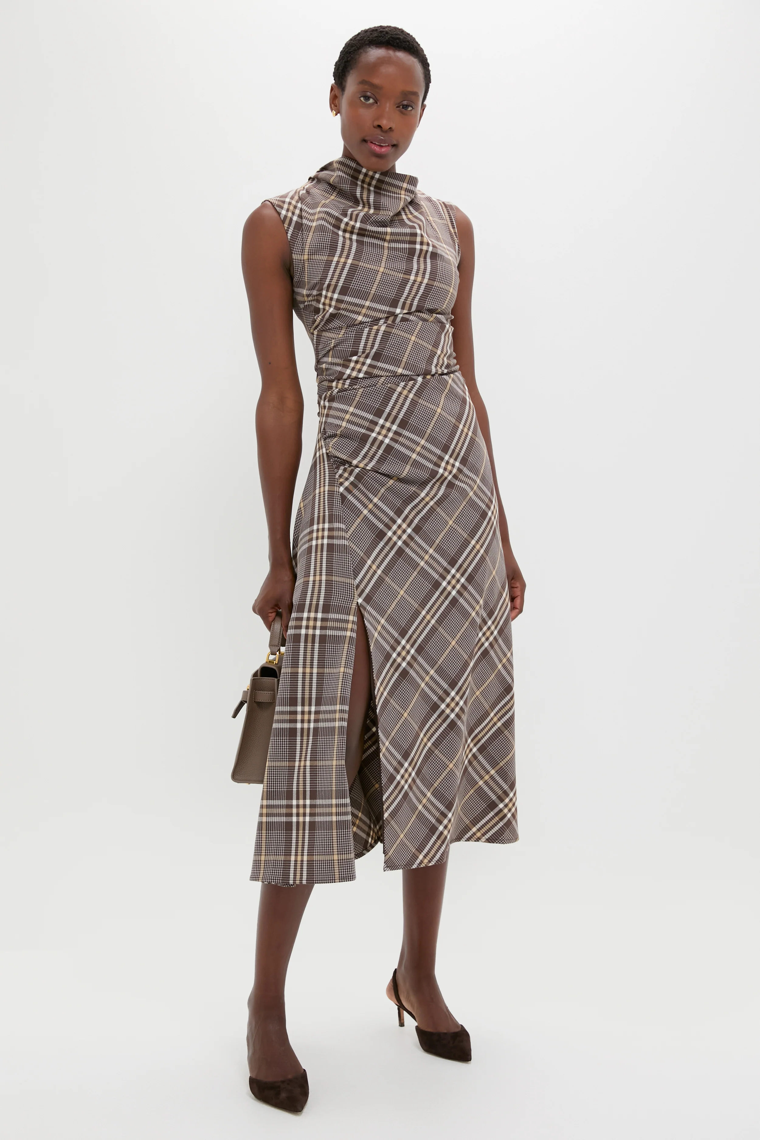 Chocolate Plaid Burke Sleeveless Draped Midi Dress - Image 2