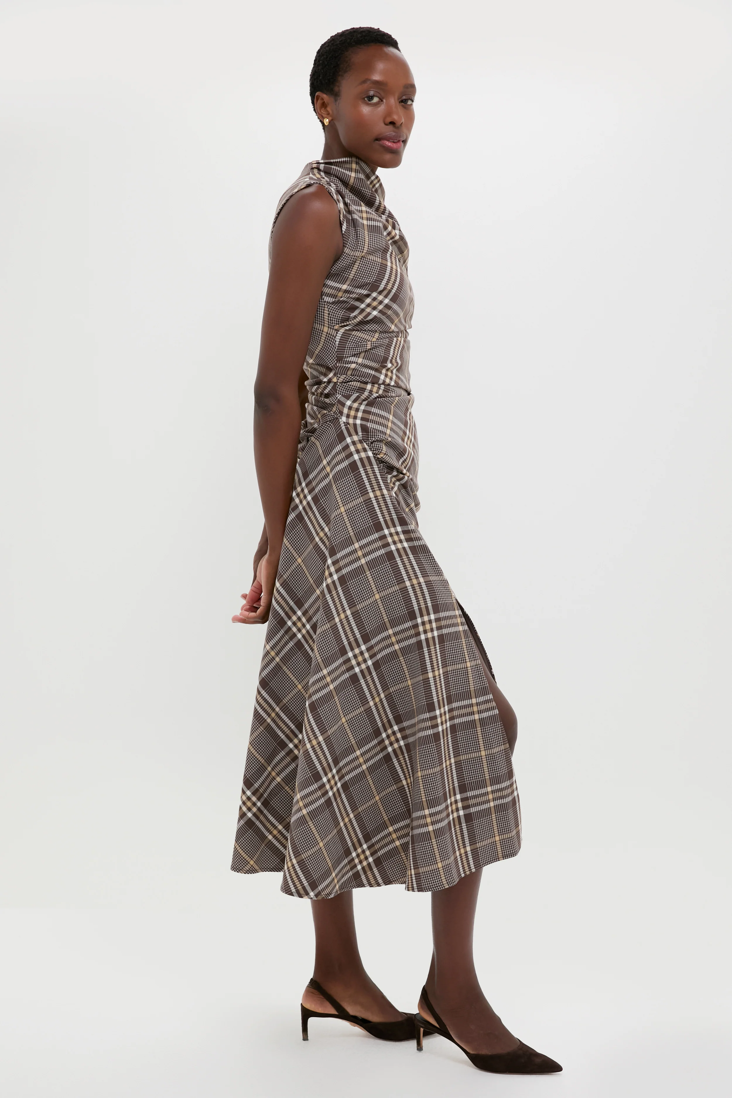 Chocolate Plaid Burke Sleeveless Draped Midi Dress - Image 3