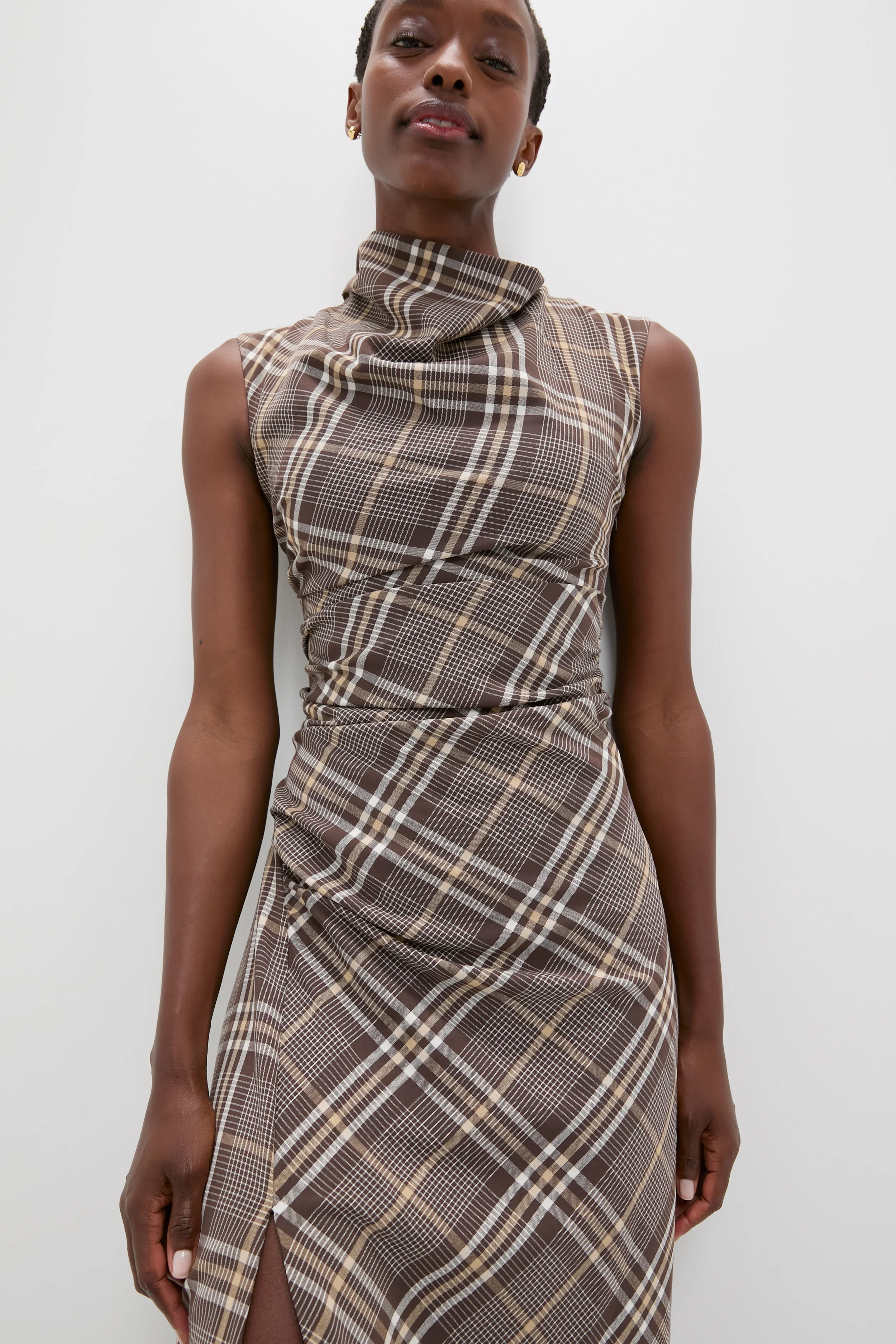 Chocolate Plaid Burke Sleeveless Draped Midi Dress - Image 6