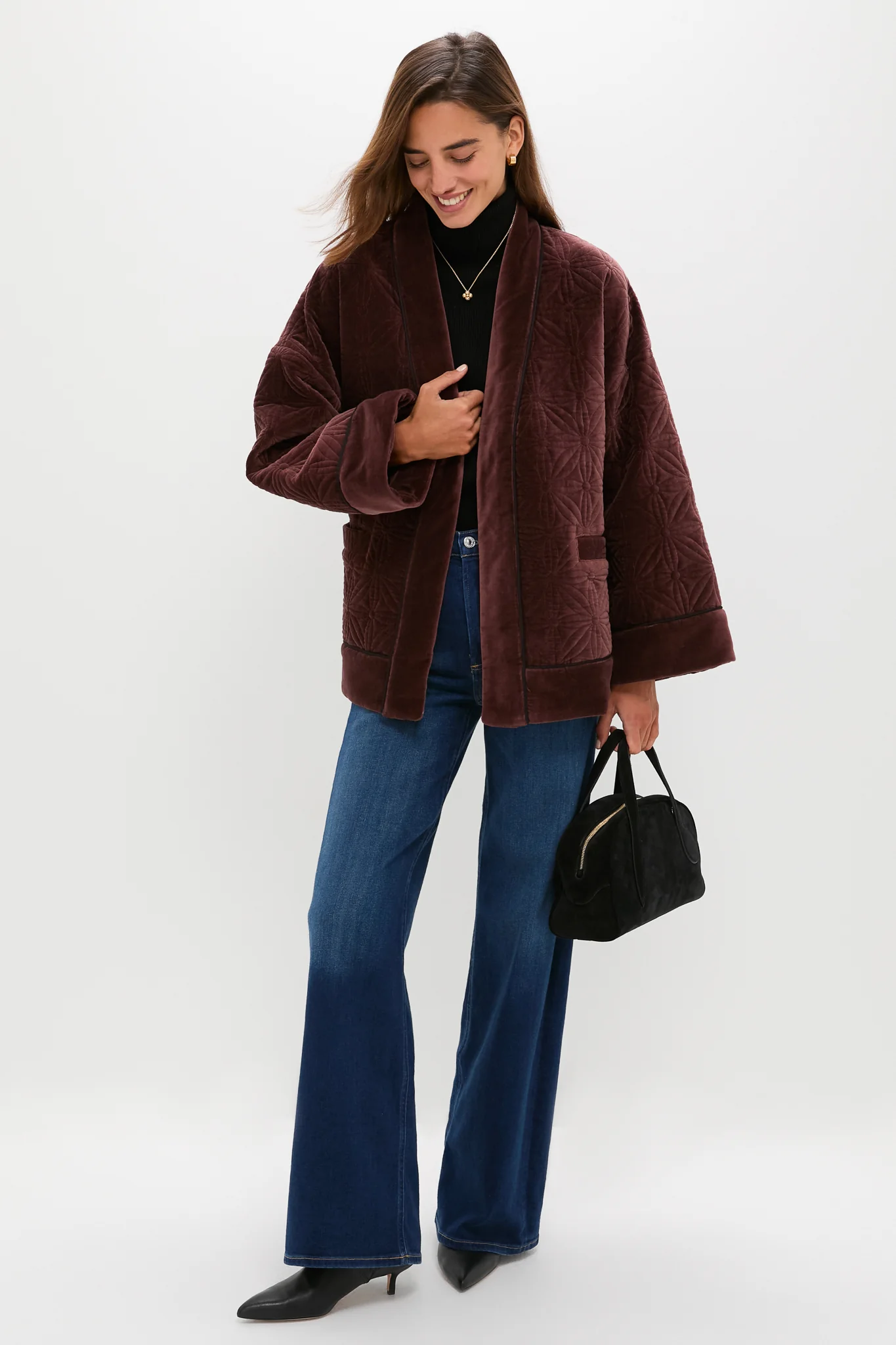 Chocolate Quilted Velvet Simone Wrap Jacket - Image 2