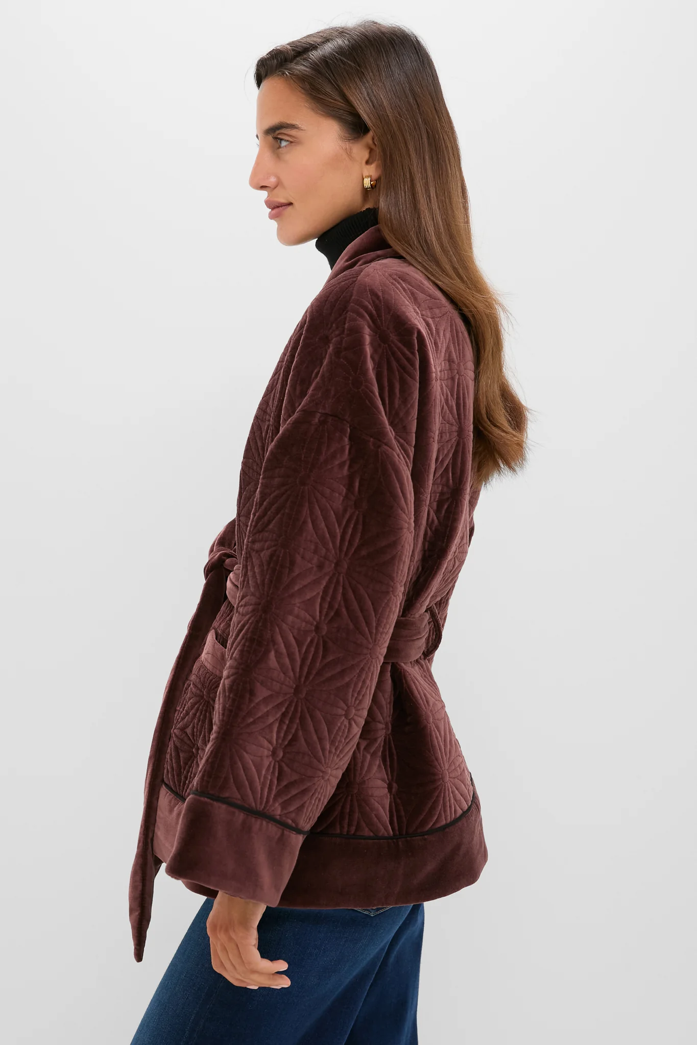 Chocolate Quilted Velvet Simone Wrap Jacket - Image 3
