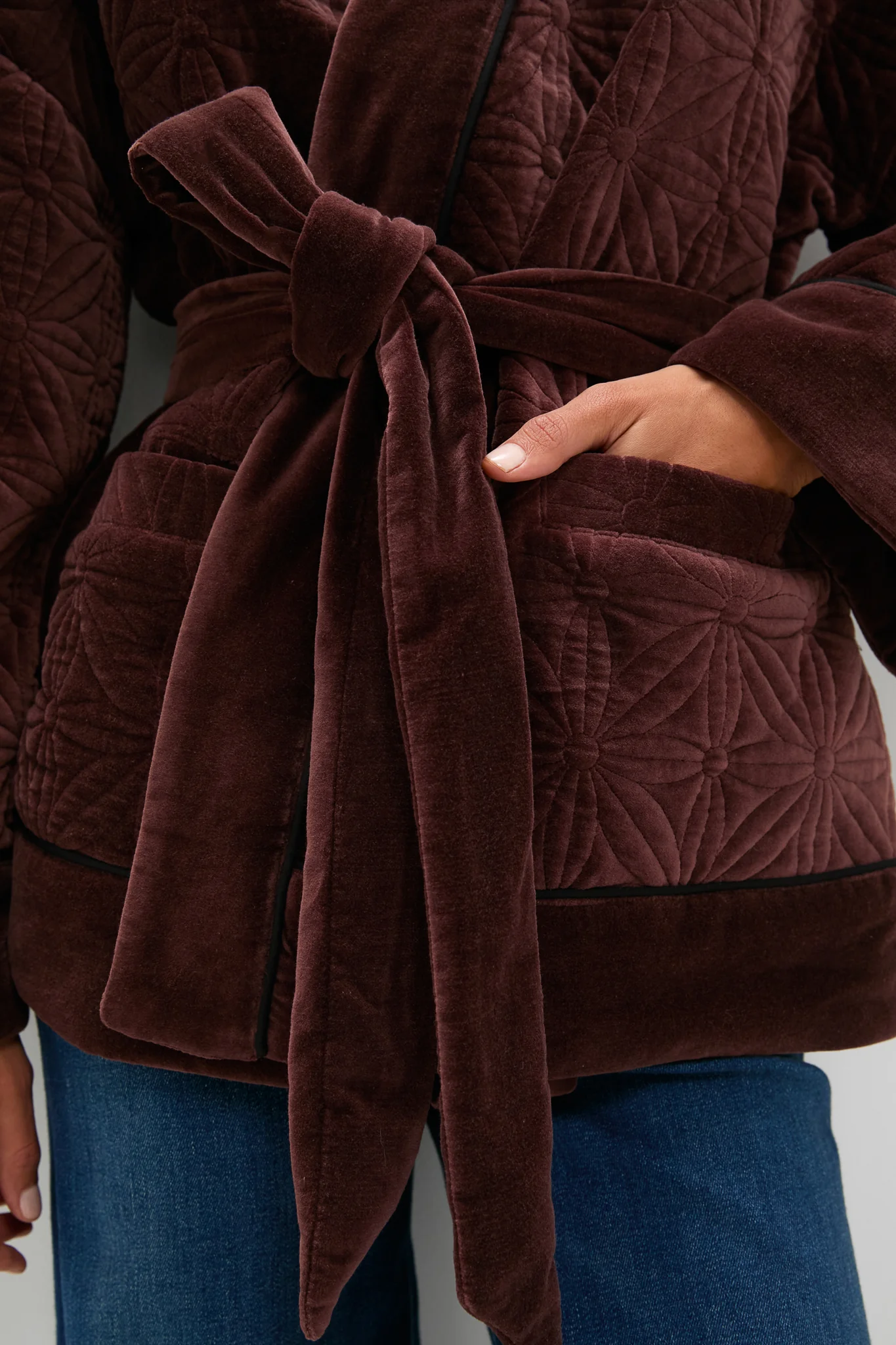 Chocolate Quilted Velvet Simone Wrap Jacket - Image 5
