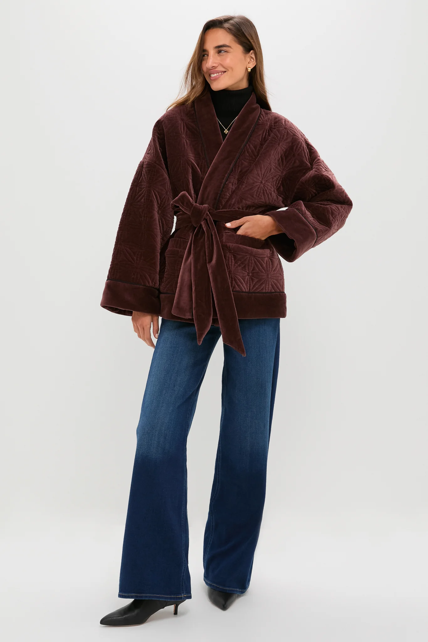 Chocolate Quilted Velvet Simone Wrap Jacket - Image 6