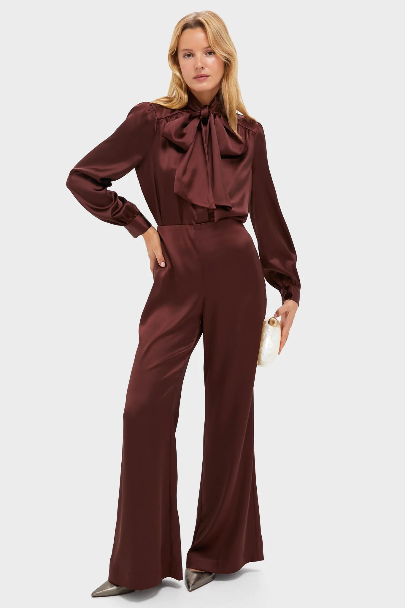 Chocolate Satin Brianna Bow Blouse - Image 2