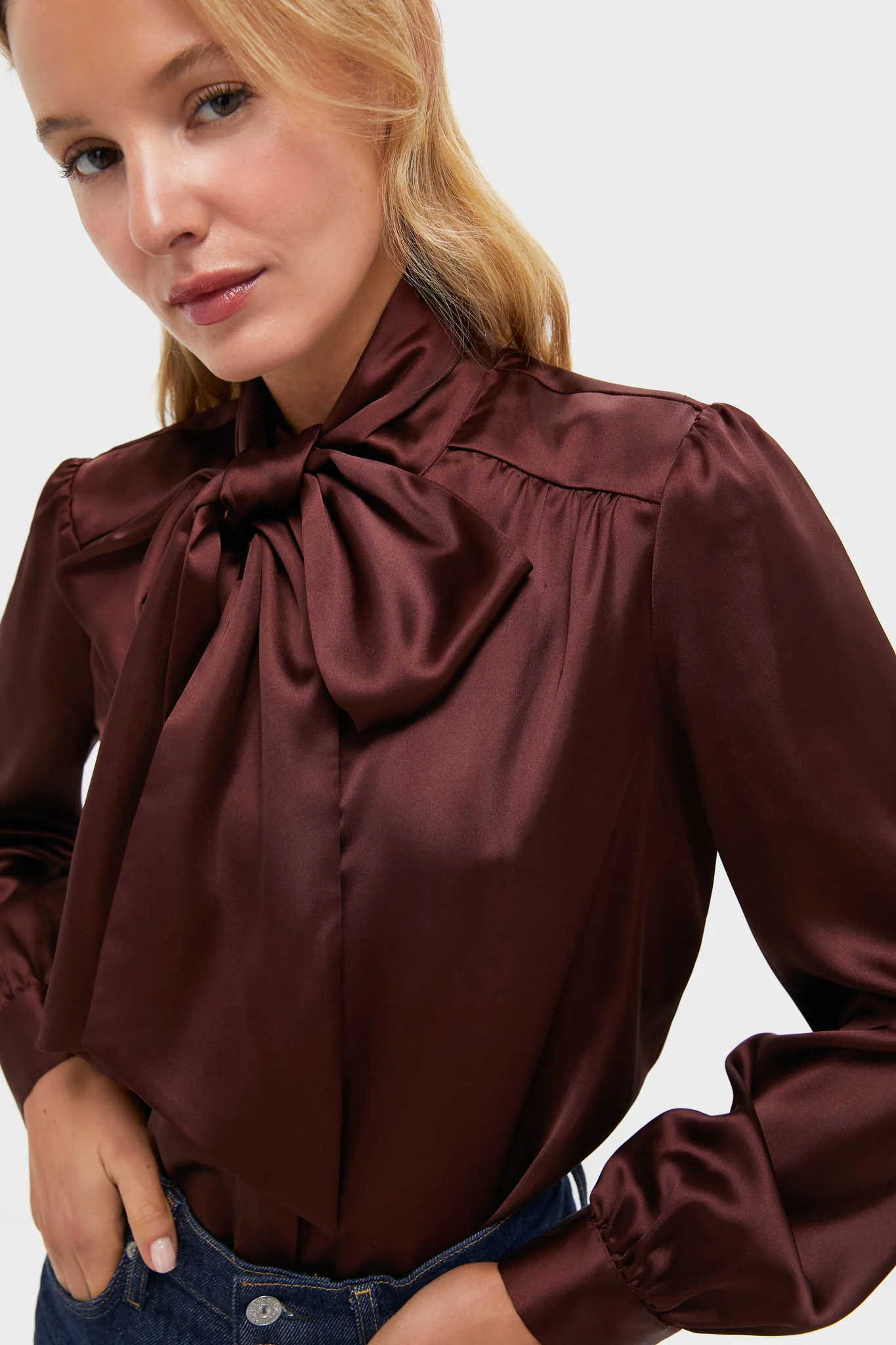 Chocolate Satin Brianna Bow Blouse - Image 5