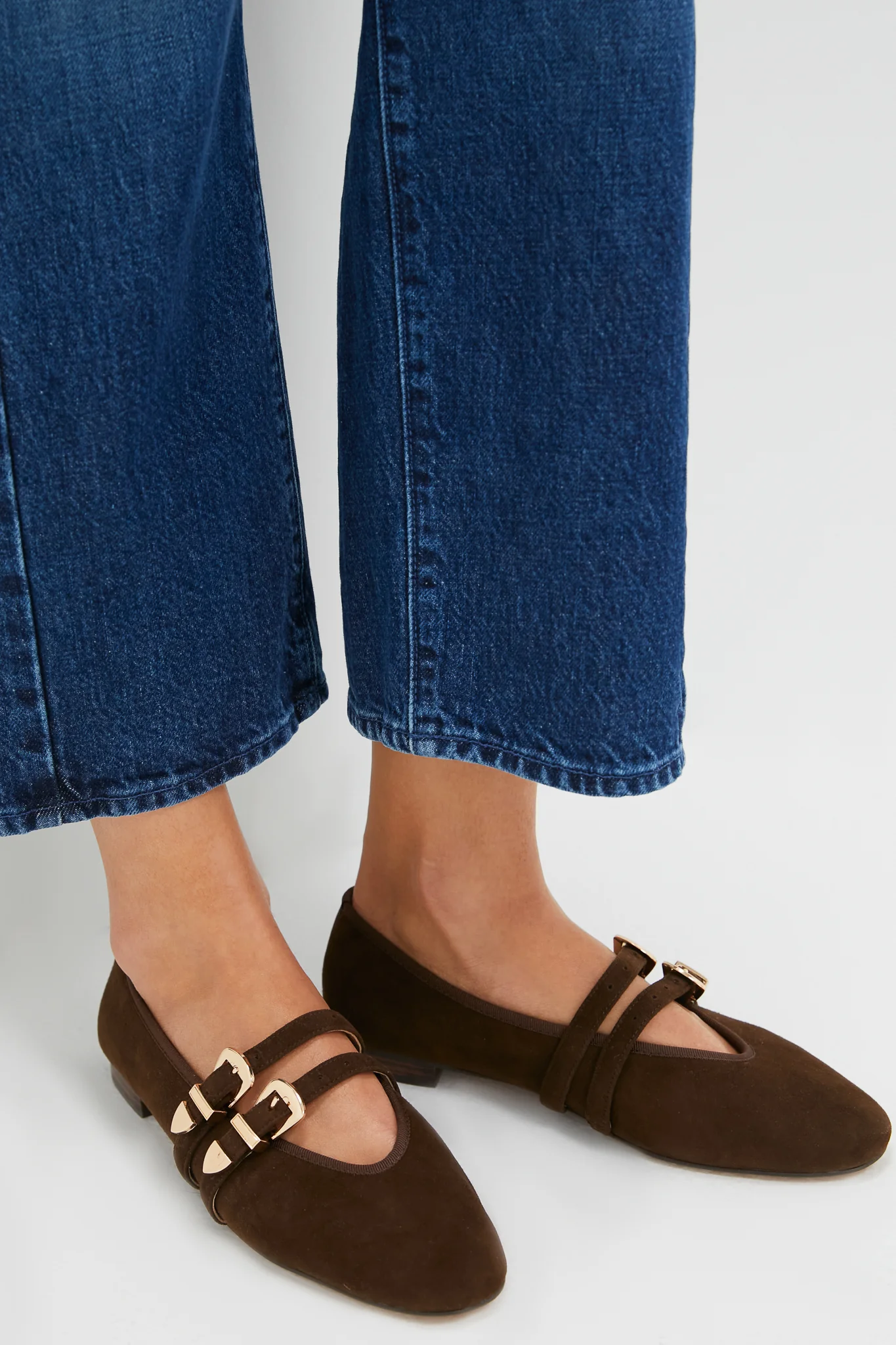 Chocolate Suede Buckle Nina Flats - Image 2