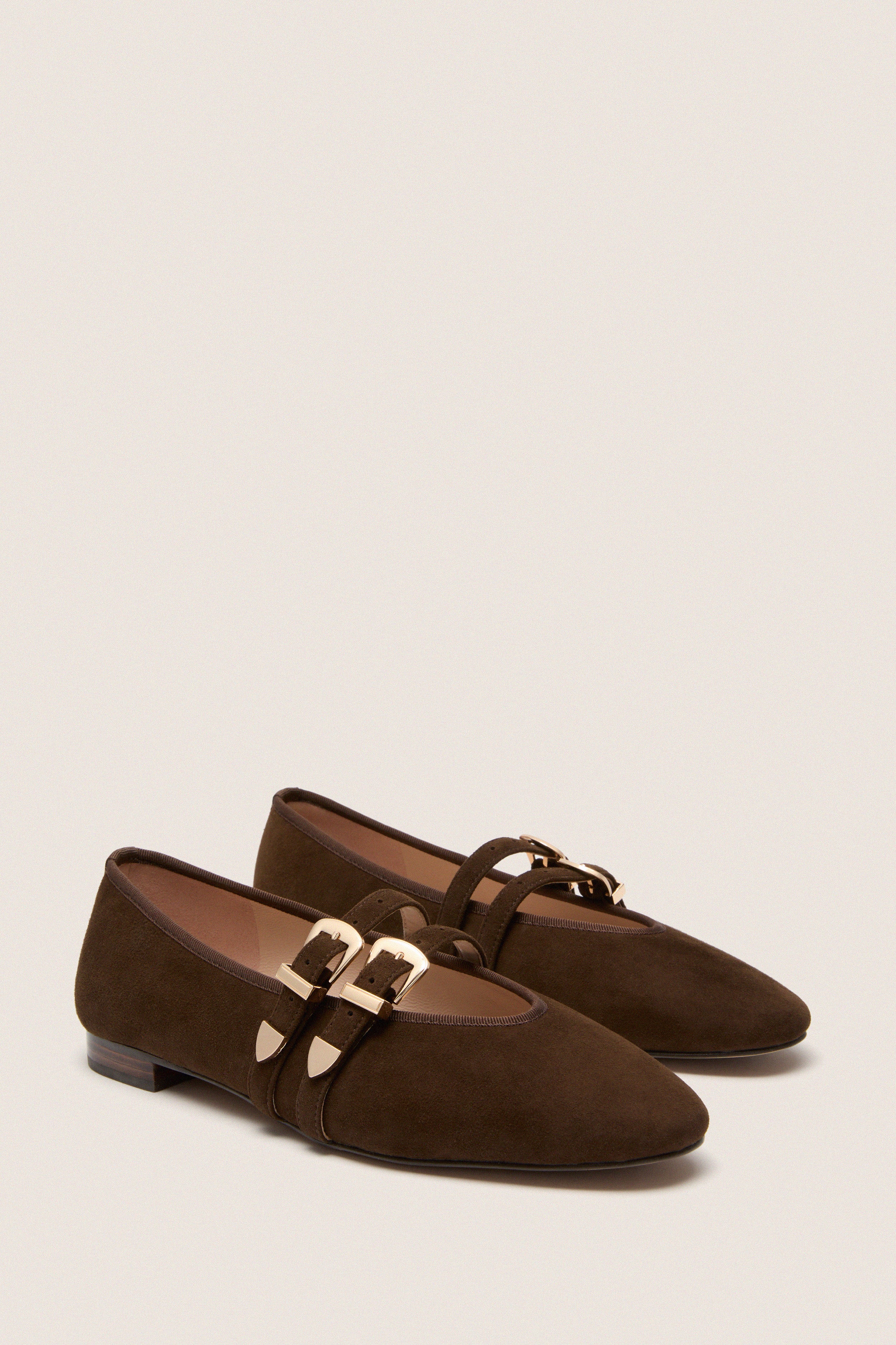 Chocolate Suede Buckle Nina Flats - Image 4
