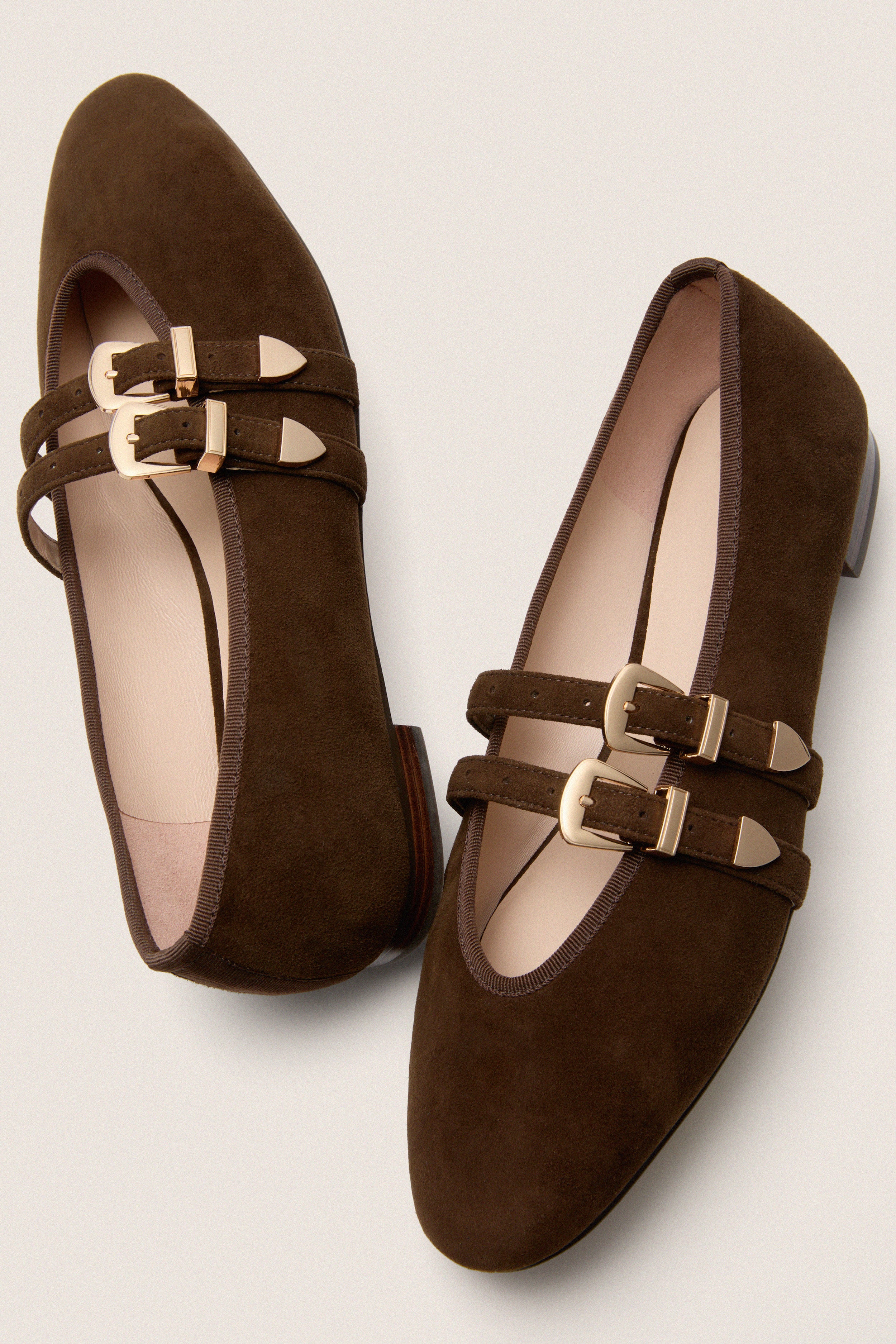Chocolate Suede Buckle Nina Flats - Image 5