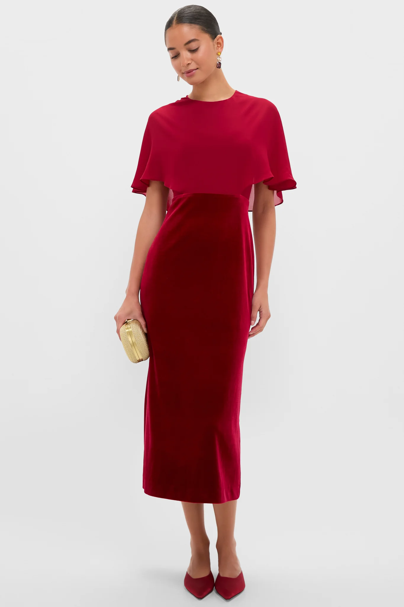 Cranberry Velvet Chiffon Mixed Media Cape Leah Dress - Image 2